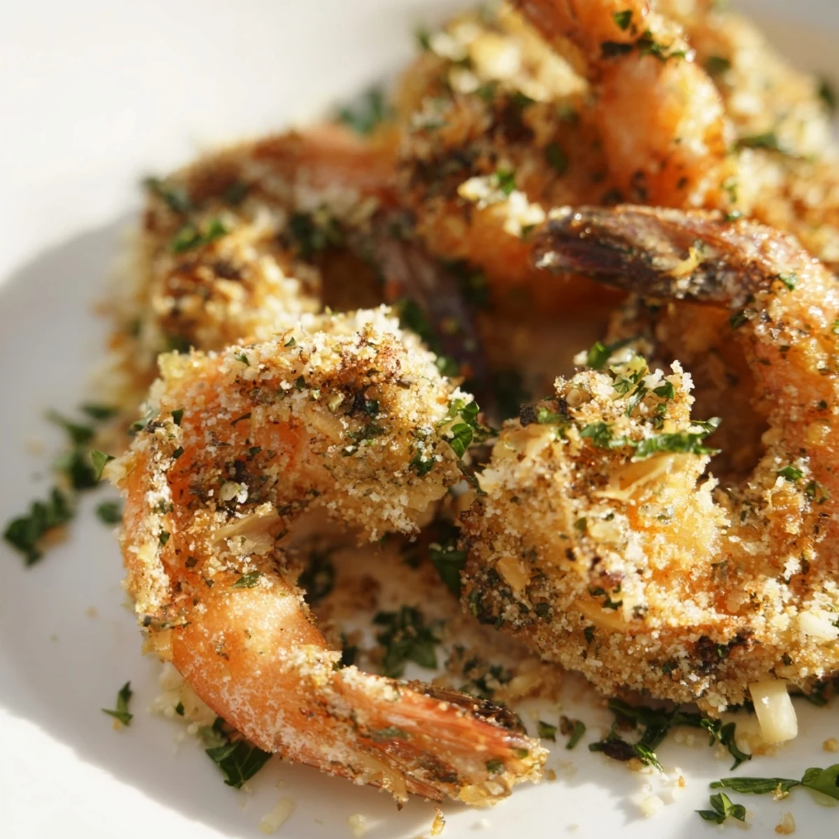 Golden Air Fryer Garlic Parmesan Shrimp glisten with herbs on a white plate beside fresh lemon wedges.