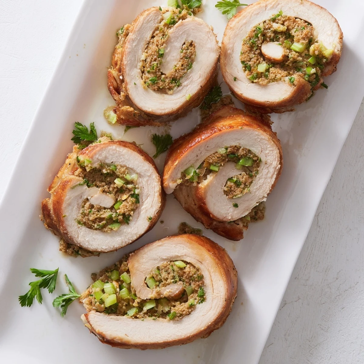 Golden-brown Flavor-Packed Turkey Roll Ups with Stuffing resting in a ceramic baking dish, steam rising.