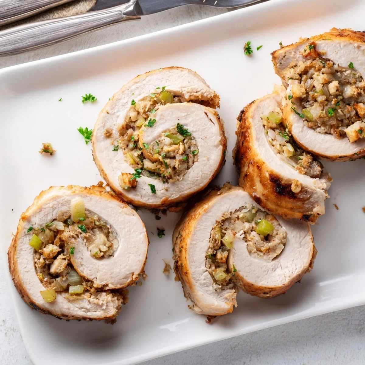 Sliced Flavor-Packed Turkey Roll Ups with Stuffing on a white plate with gravy and cranberry sauce.