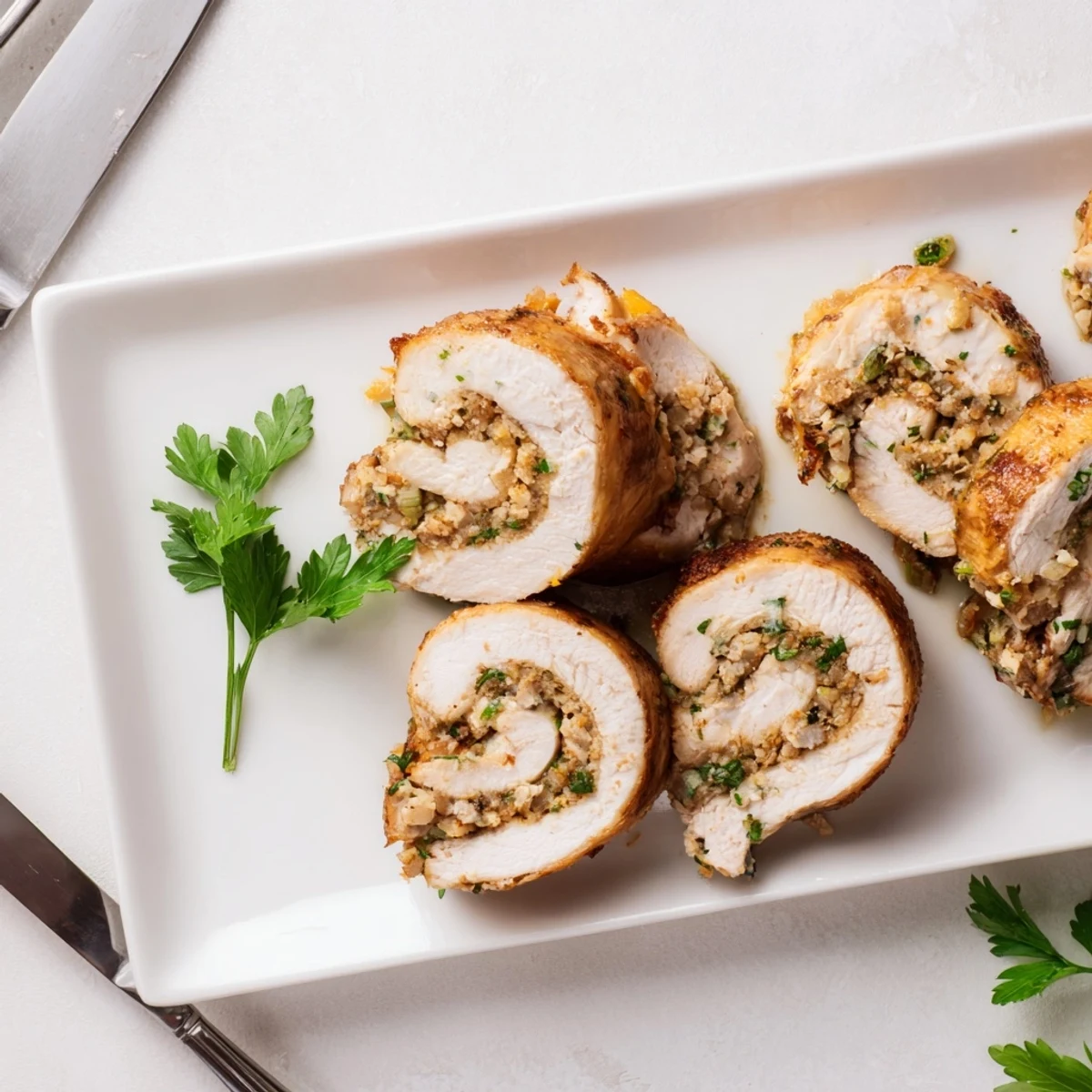 Juicy Flavor-Packed Turkey Roll Ups with Stuffing garnished with fresh parsley and rosemary sprigs.
