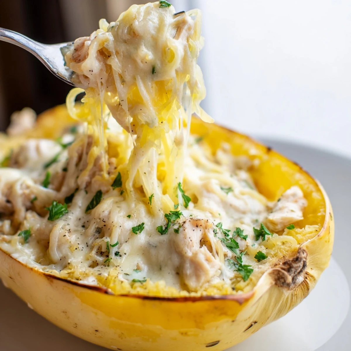 A close-up of Chicken Alfredo Spaghetti Squash Boats garnished with fresh parsley and bubbling mozzarella.
