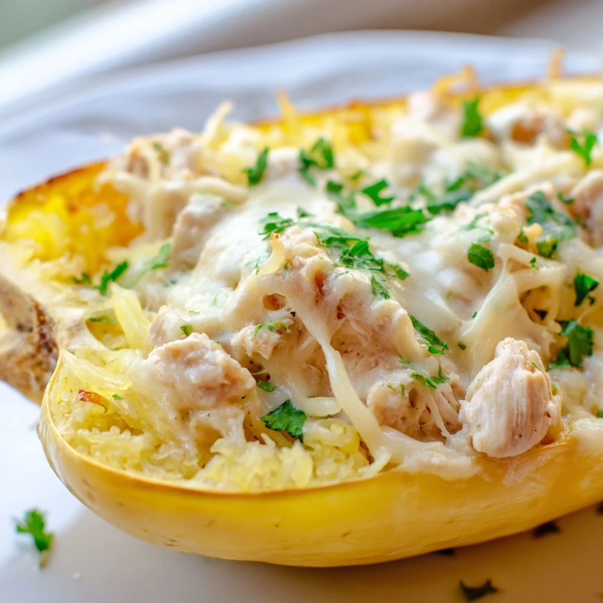 Golden roasted spaghetti squash boats brimming with tender chicken and creamy, cheesy Alfredo sauce.
