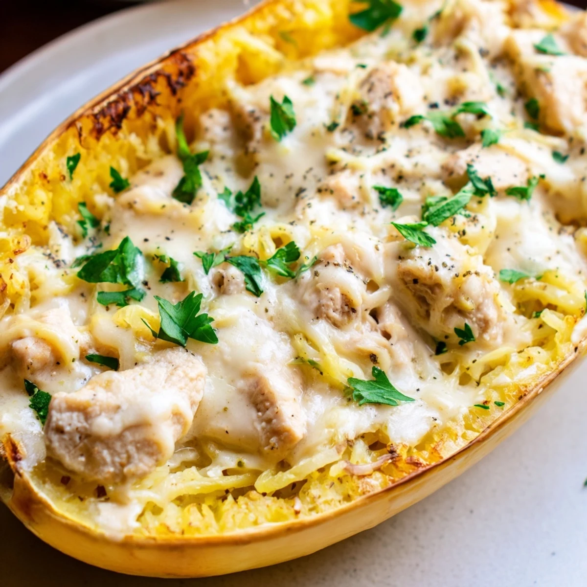 Hearty Chicken Alfredo Spaghetti Squash Boats served hot, a lighter gluten-free take on a classic.