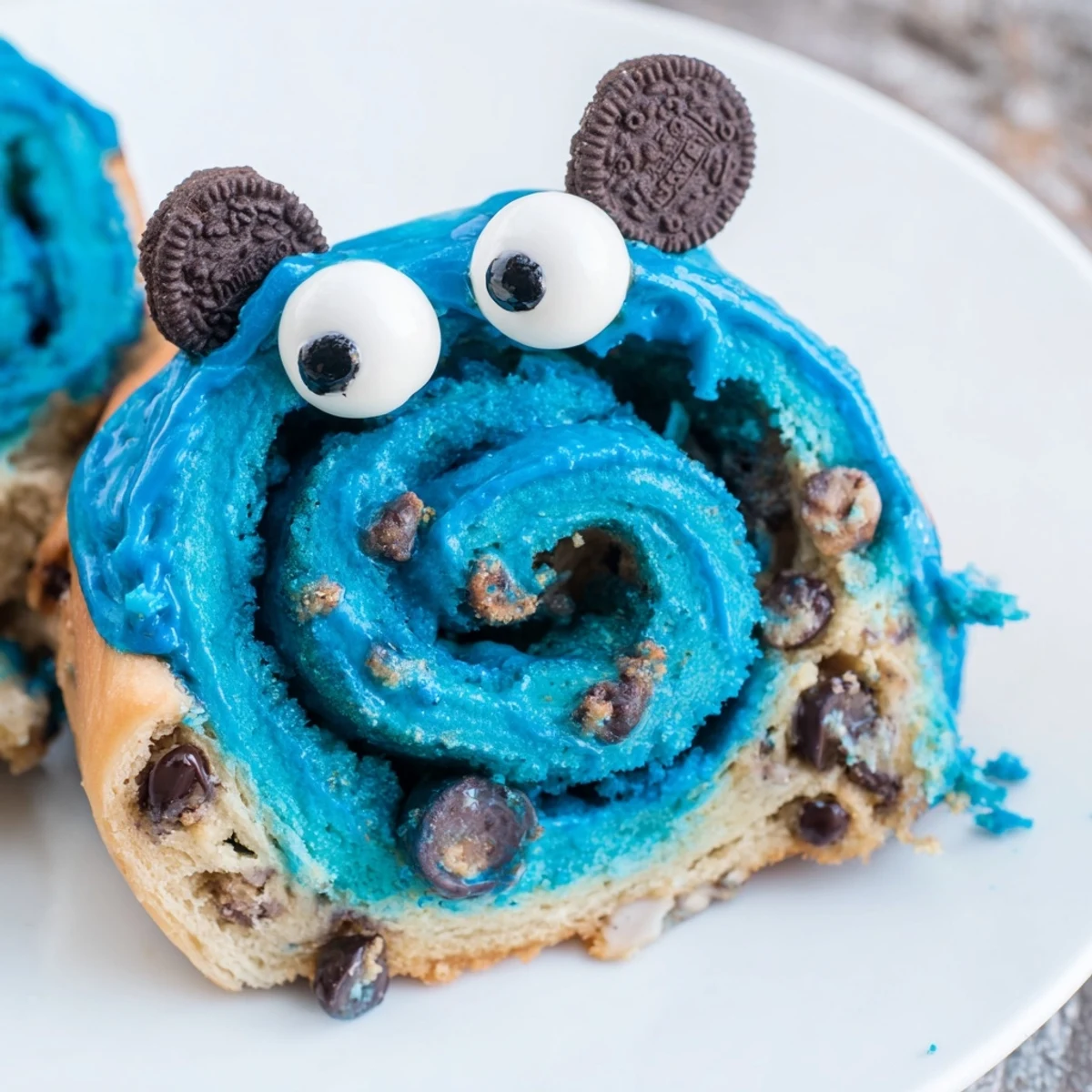 A close-up of vibrant blue Cookie Monster Cinnamon Rolls with gooey chocolate chip filling and playful candy eye decorations.