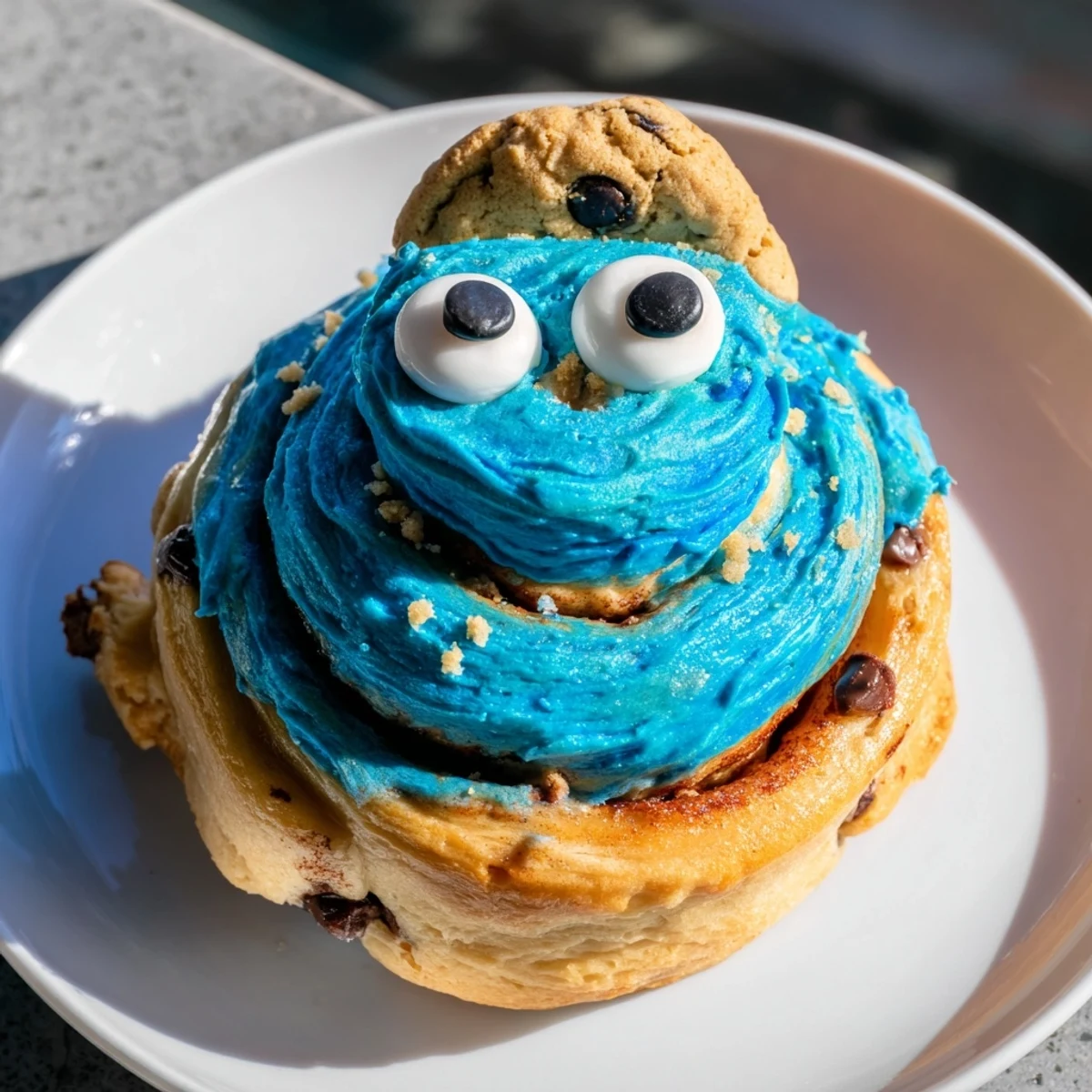 Freshly baked blue Cookie Monster Cinnamon Rolls topped with blue cream cheese frosting and edible cookie eyes, served warm on a plate.