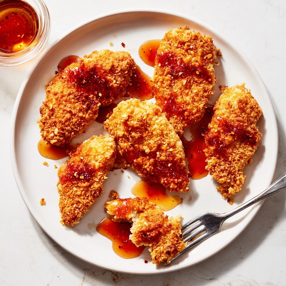 Crispy baked chicken breasts with golden panko and cornflake crust, drizzled with spicy sweet honey for this Baked Crunchy Hot Honey Chicken recipe.