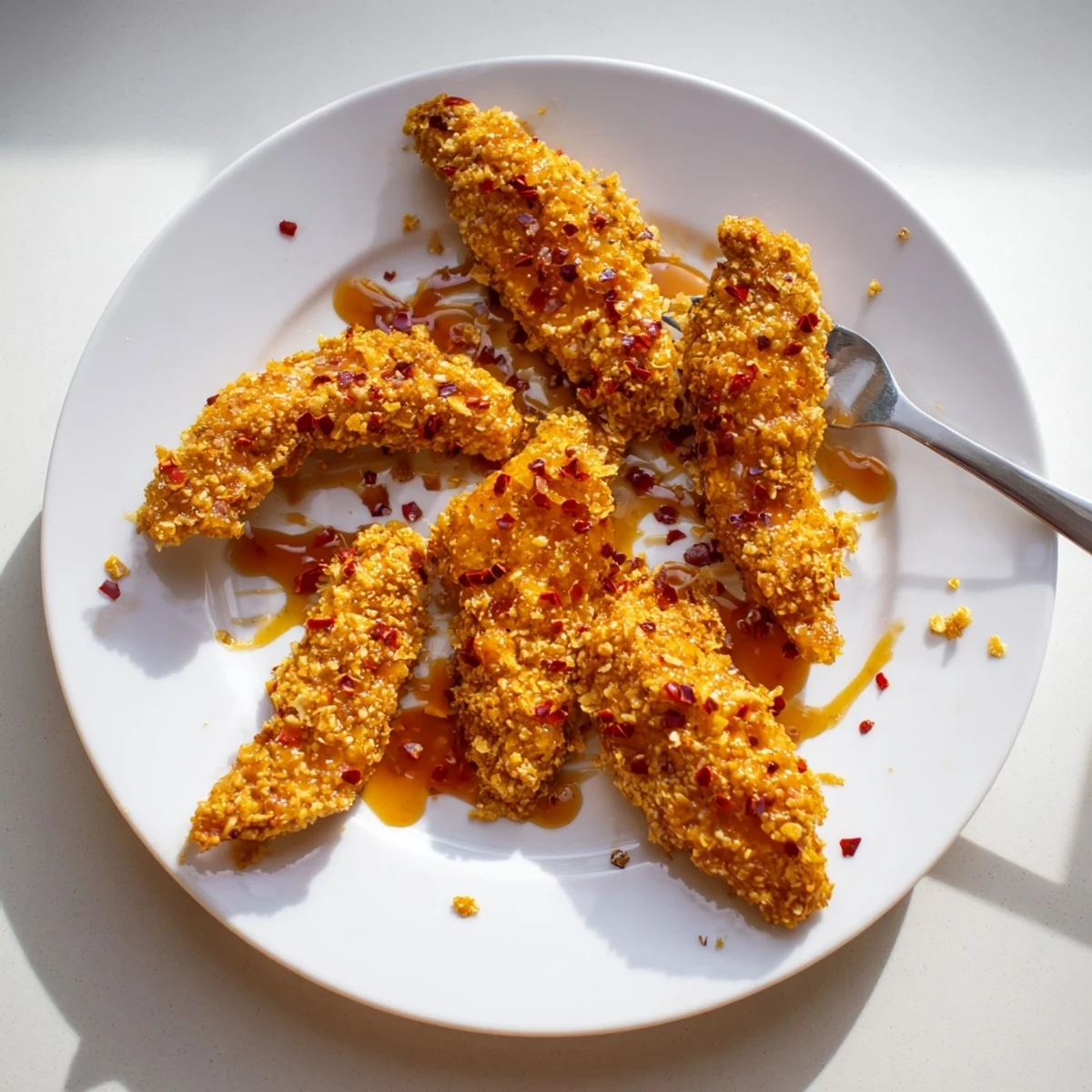 Juicy chicken coated in crunchy baked coating, finished with a warm honey hot sauce drizzle, perfect for this Baked Crunchy Hot Honey Chicken dish.