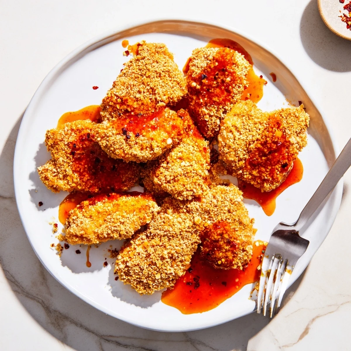 Golden baked chicken pieces sit on a wire rack, glistening with spicy honey, highlighting this Baked Crunchy Hot Honey Chicken recipe.