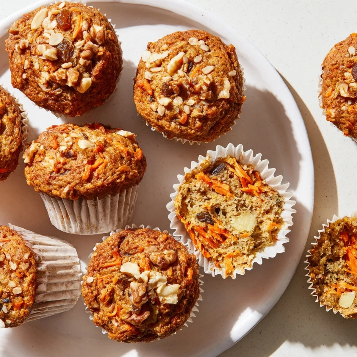 Freshly baked Morning Glory Muffins sit on a wire cooling rack, showcasing their moist texture with specks of grated carrots and chopped apples inside.