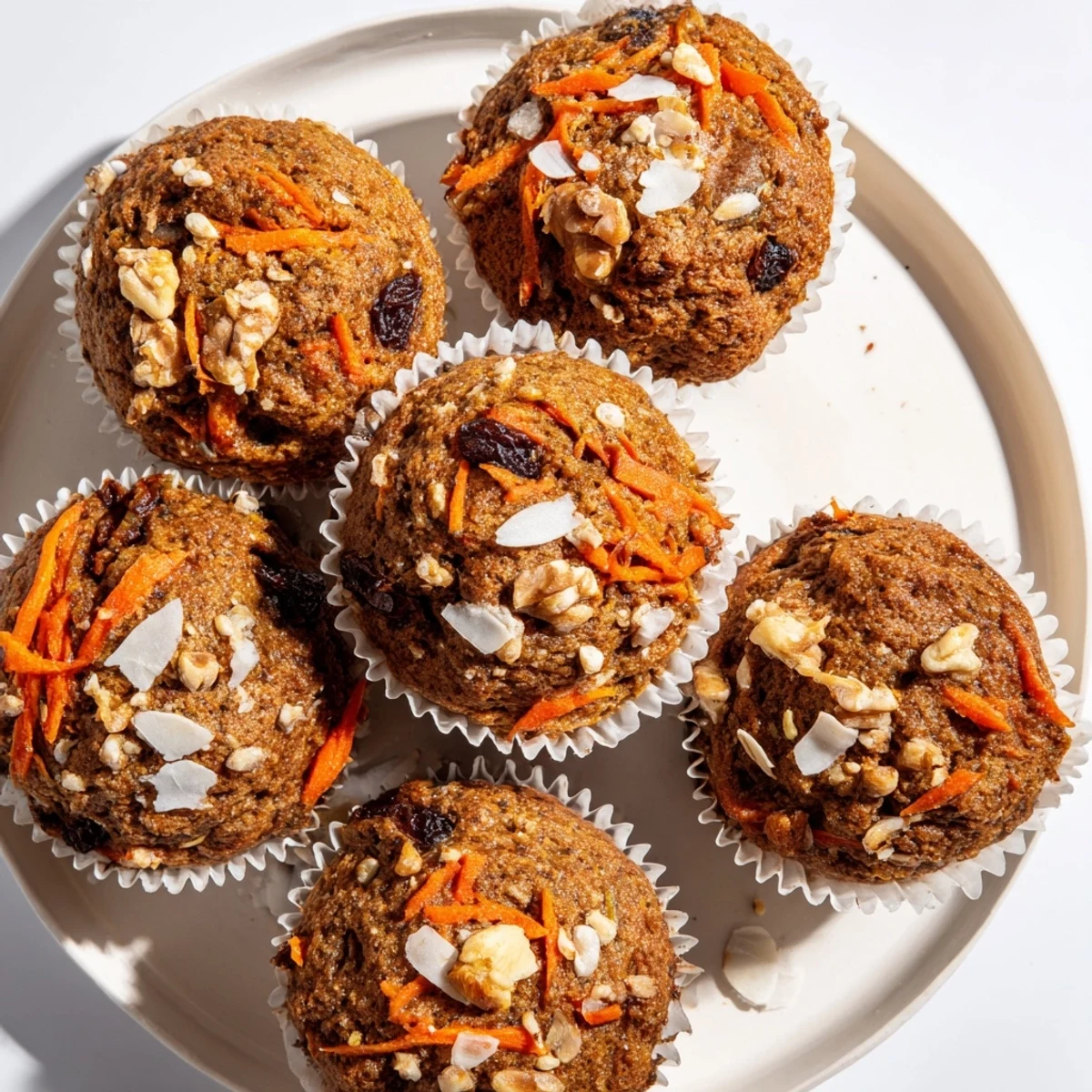 A close-up view of Morning Glory Muffins reveals chopped walnuts and shredded coconut on top, perfect for a nutritious breakfast or afternoon snack.