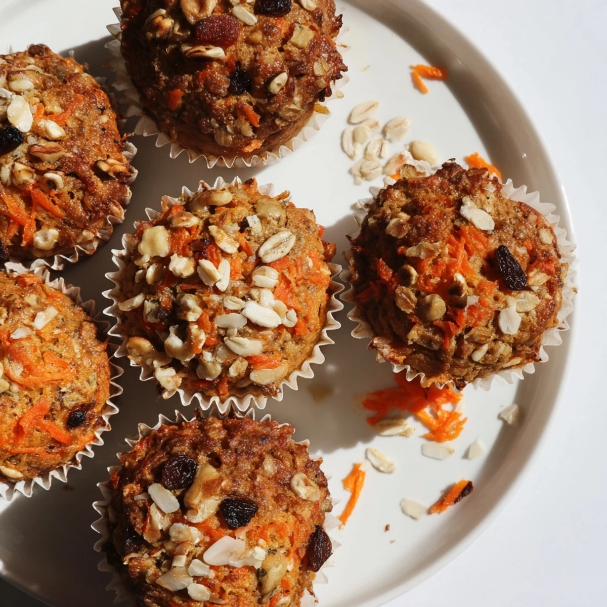 Overhead shot of twelve golden-brown Morning Glory Muffins in a muffin tin, highlighting the warm cinnamon spices and hearty ingredients like raisins and sunflower seeds.