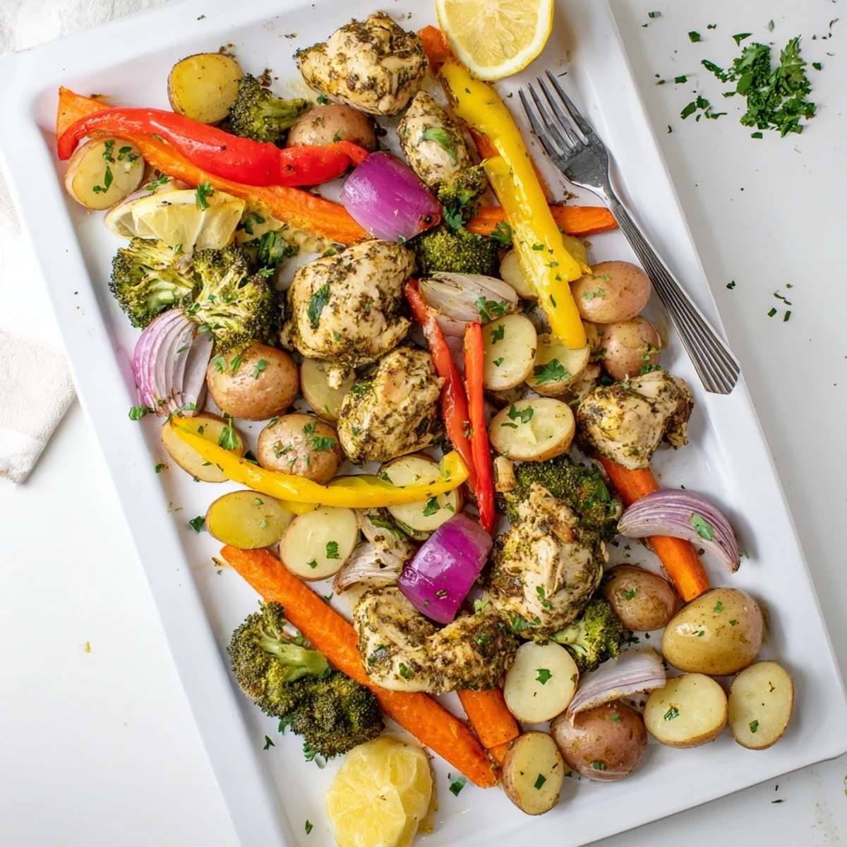 Vibrant sheet pan lemon herb chicken and vegetables ready for an easy family dinner