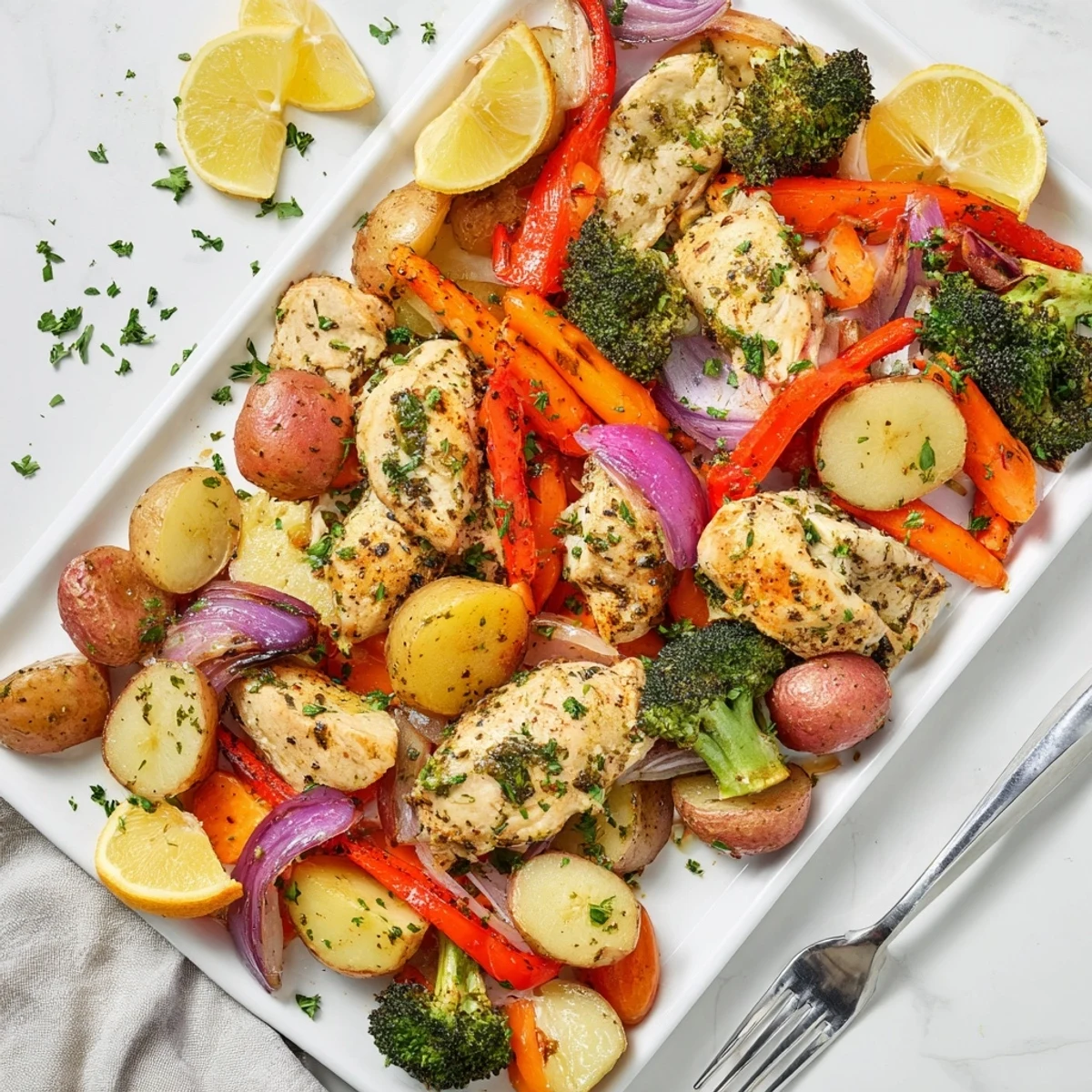 Tender juicy chicken and roasted vegetables arranged on a baking sheet with fresh lemon wedges