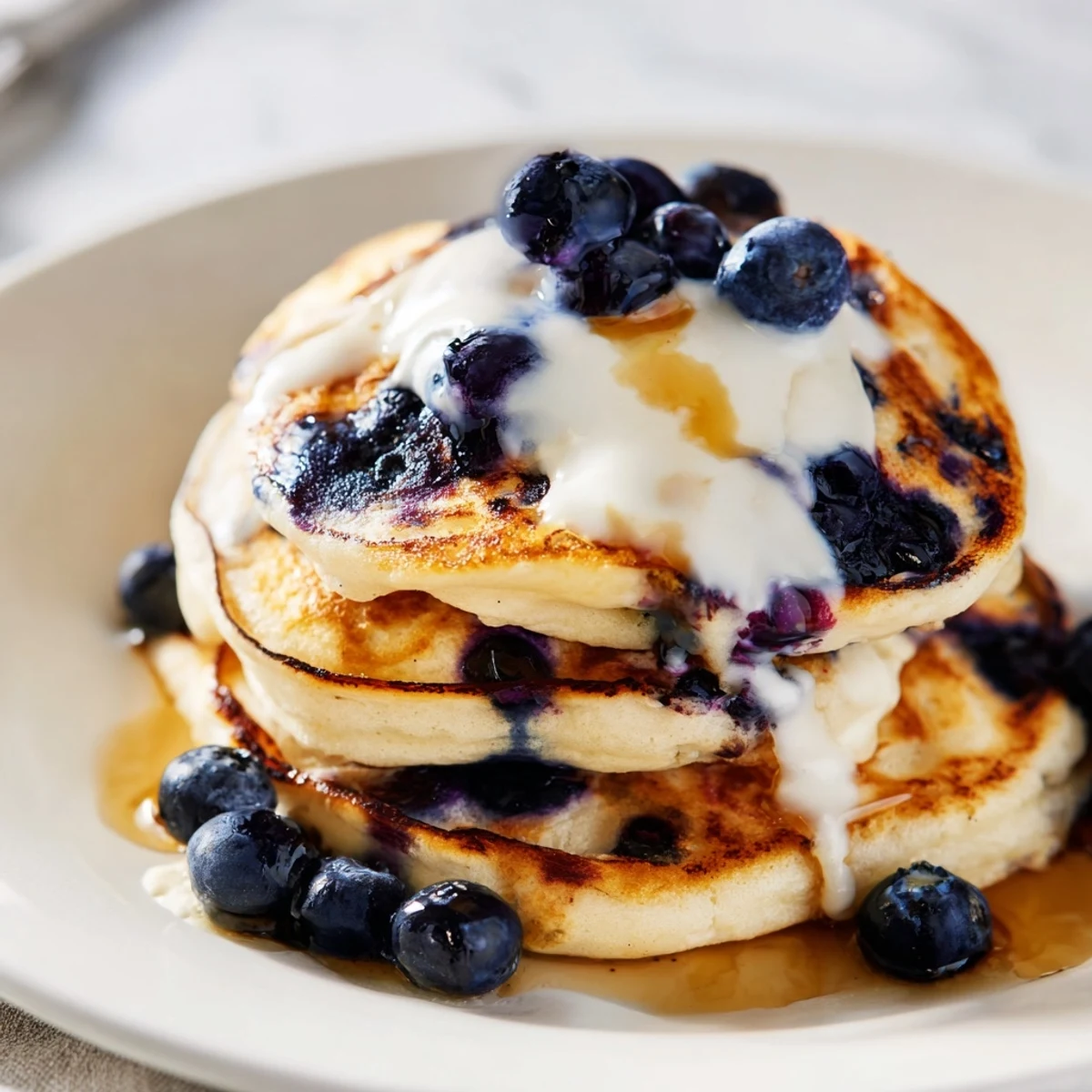 Golden brown Greek yogurt blueberry pancakes on a white plate with melted butter