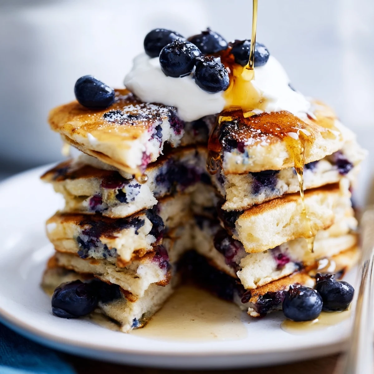 Fluffy stack of Greek yogurt blueberry pancakes drizzled with maple syrup and fresh berries