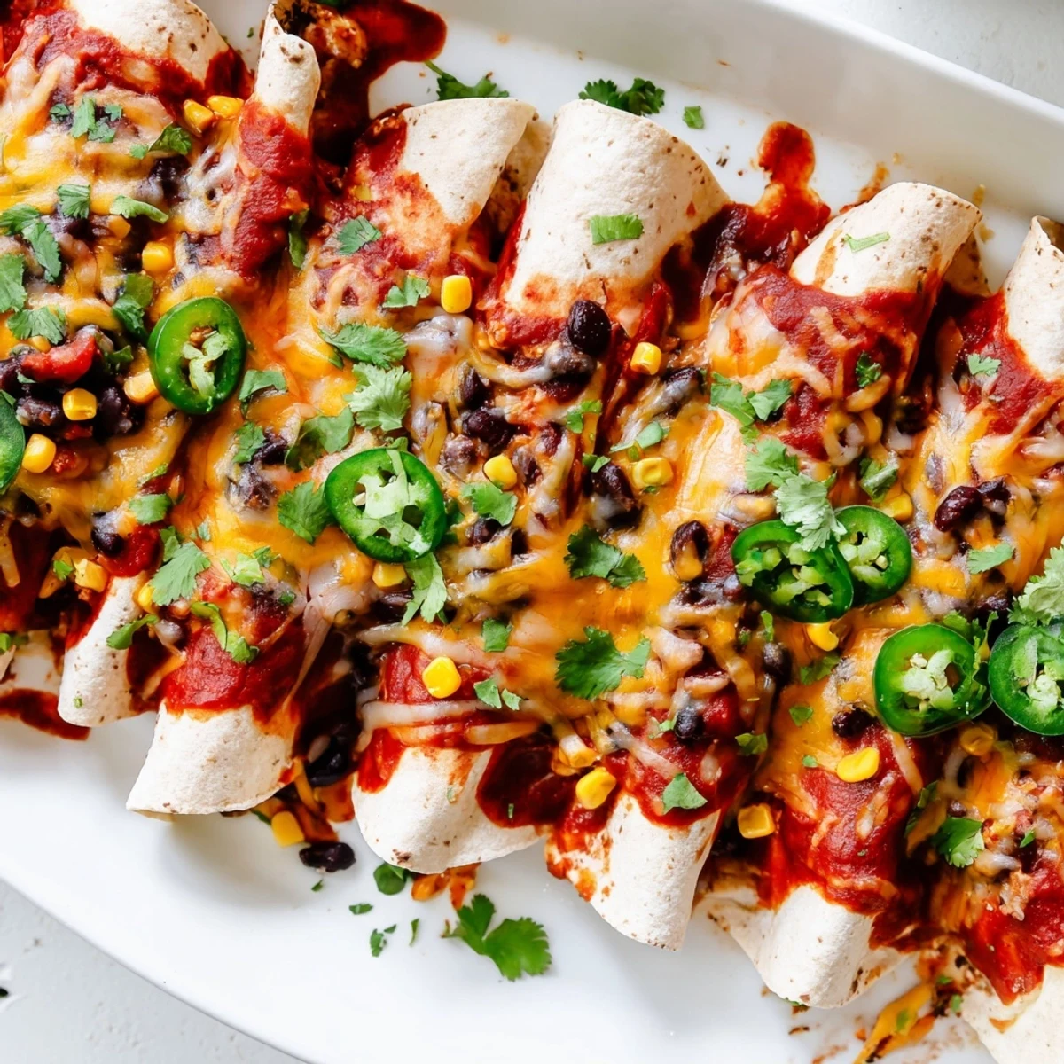 Golden chicken enchiladas bubbling with melted cheese and zesty red sauce in a baking dish