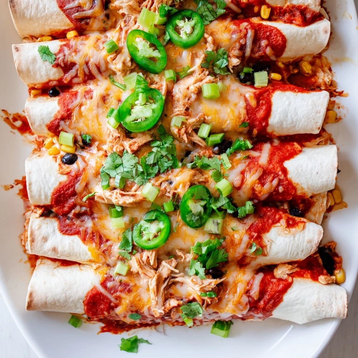Rolled flour tortillas stuffed with seasoned shredded chicken, topped with enchilada sauce and Mexican cheese blend