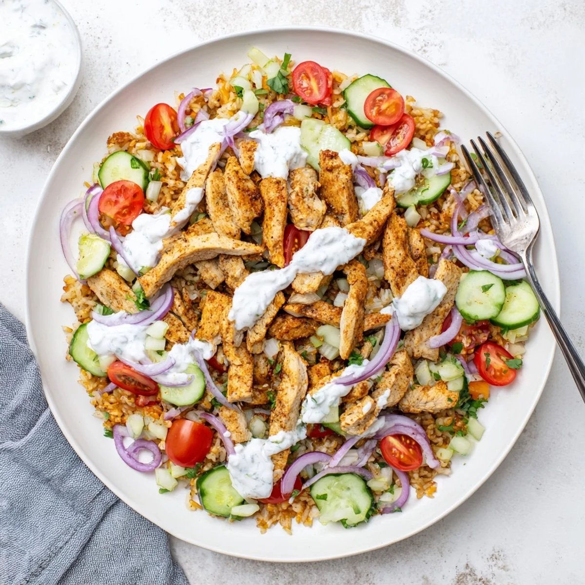 Colorful bowl of chicken shawarma crispy rice salad featuring cherry tomatoes cucumber and golden crunch