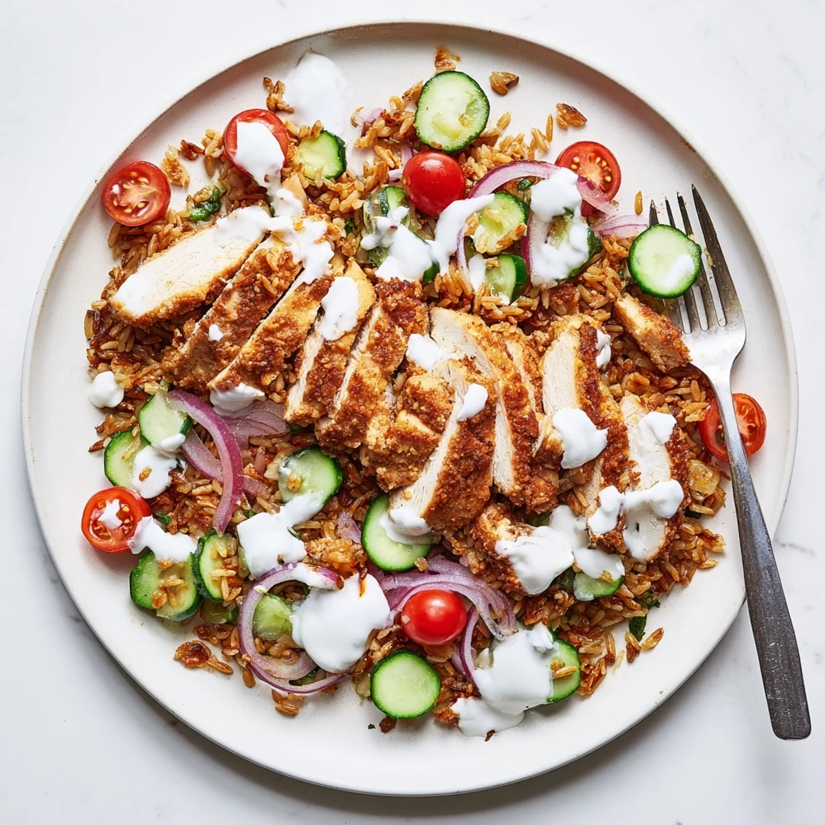 Hearty chicken shawarma salad with crispy golden rice crisp and fresh Mediterranean vegetables in white yogurt sauce