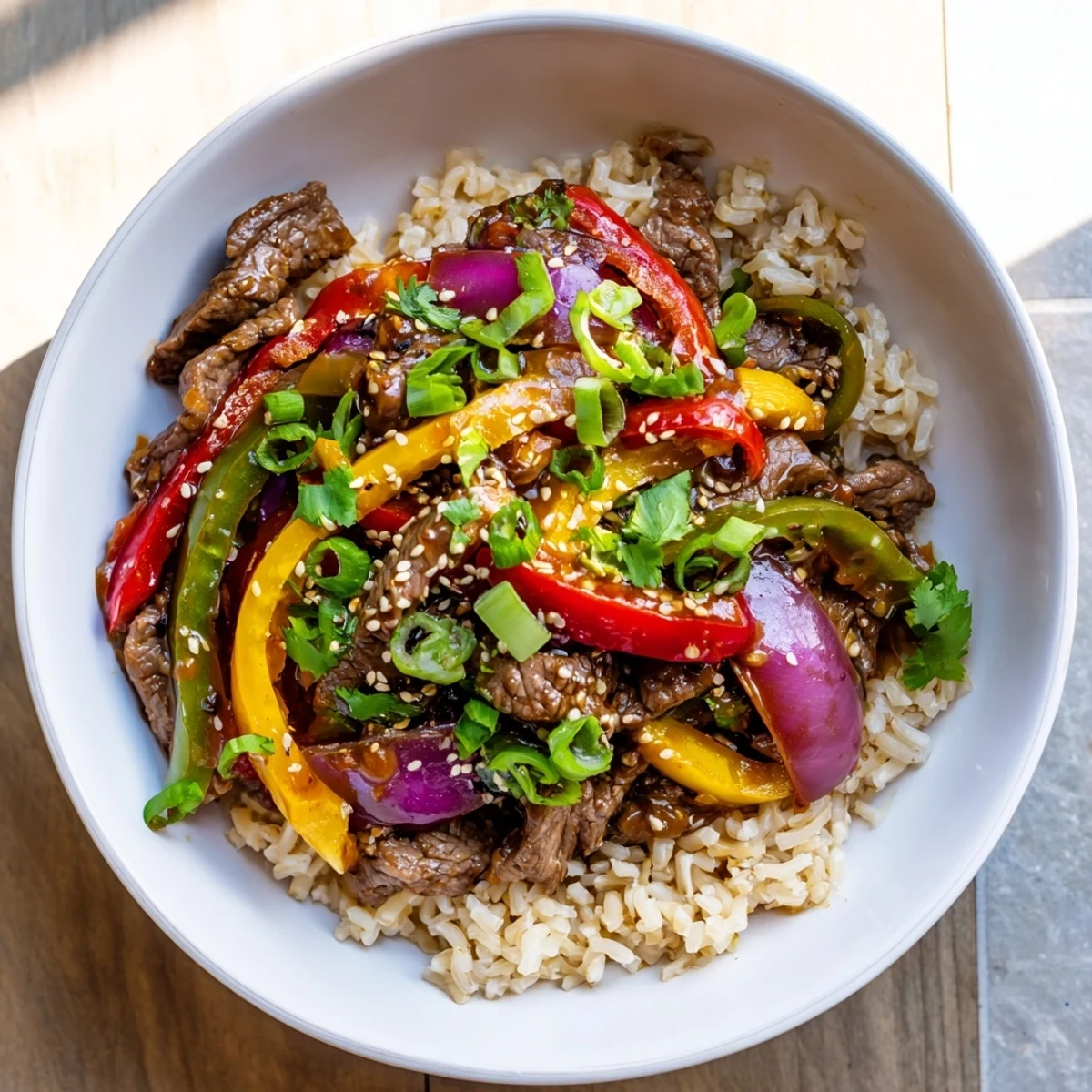 Golden brown beef strips and colorful bell peppers atop fluffy brown rice in a healthy beef and pepper rice bowl