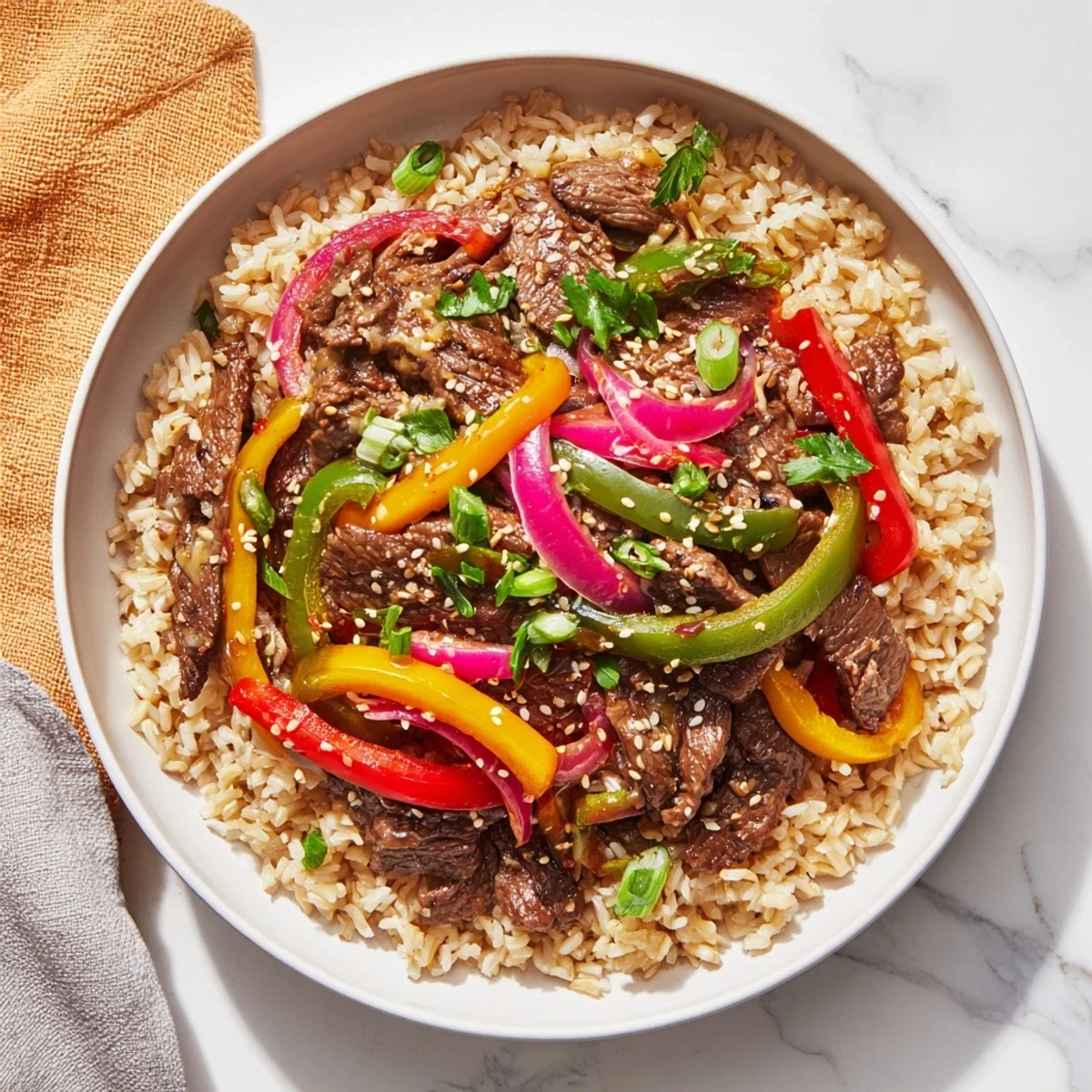 Steaming bowl of healthy beef and pepper rice bowl featuring tender sliced beef and crisp tri-color peppers