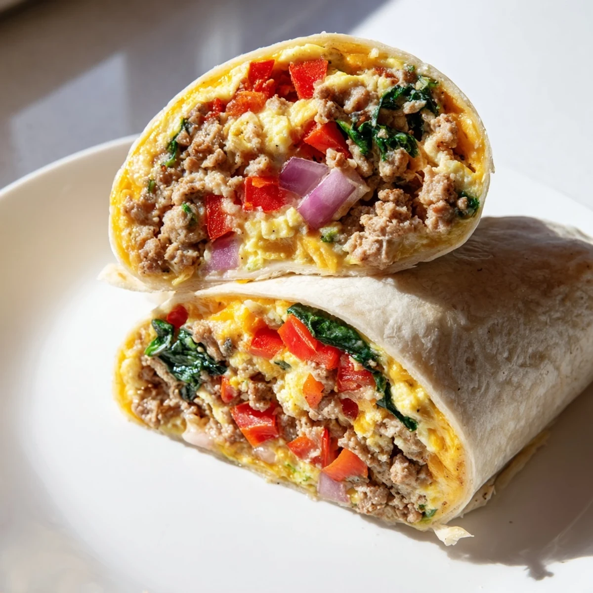 Golden make-ahead breakfast burritos stuffed with fluffy scrambled eggs, melted cheddar, and savory sausage
