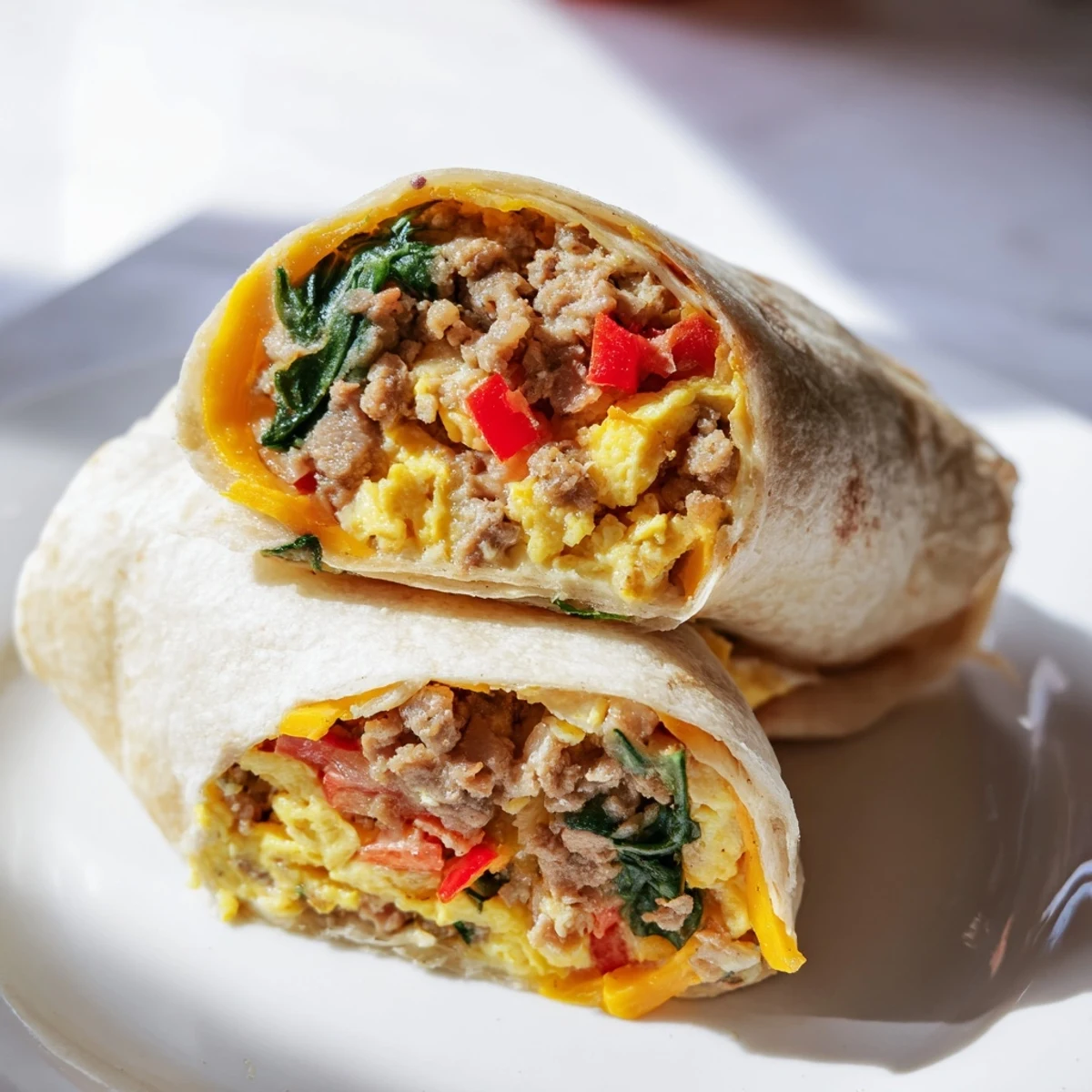 Delicious make-ahead breakfast burritos with spinach, bell peppers, cheddar cheese, and perfectly seasoned eggs