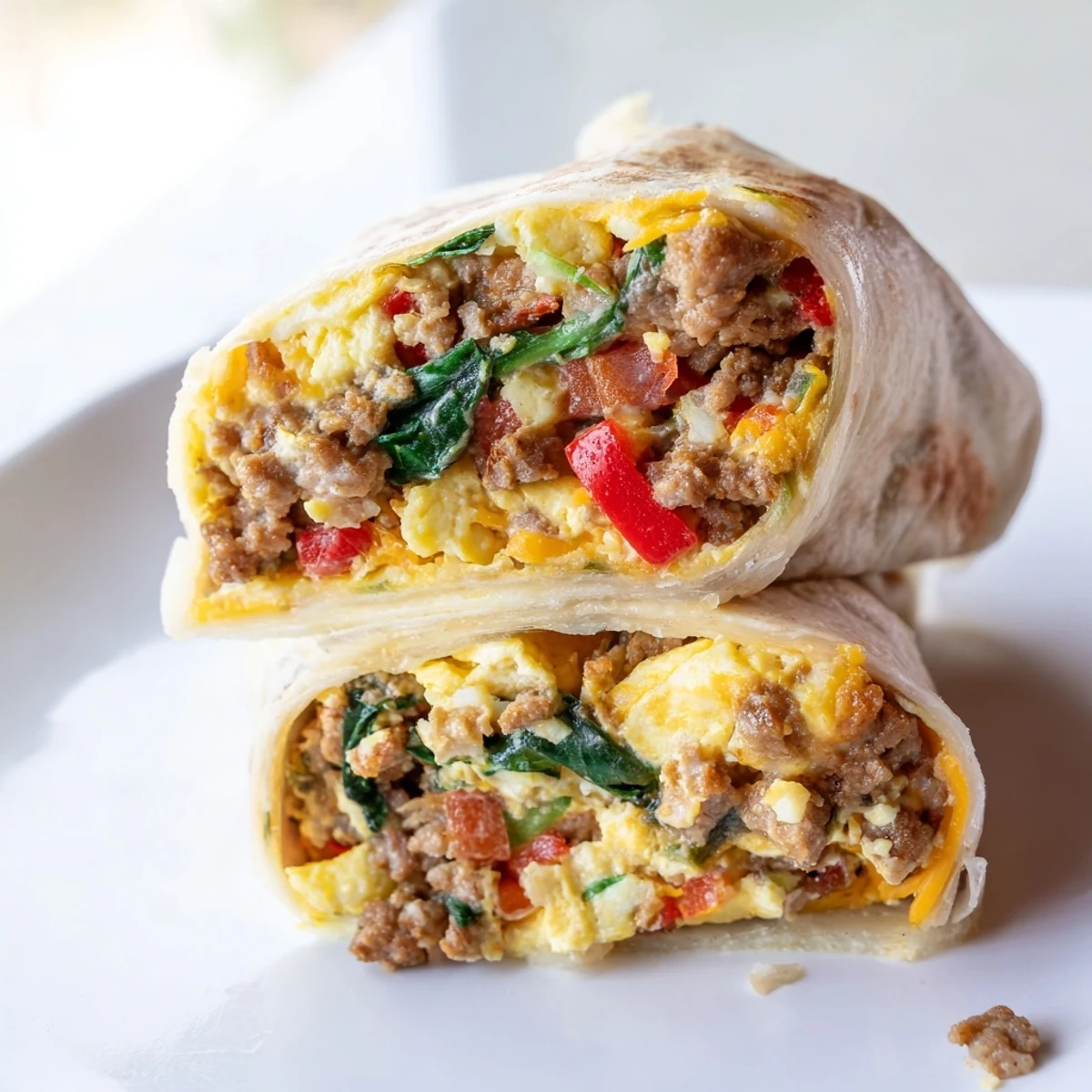 Warm flour tortilla wrapped around cheesy eggs, colorful peppers, onions, and crumbled breakfast sausage