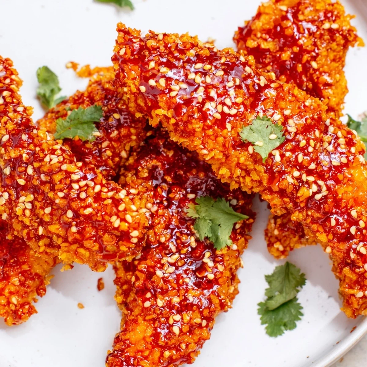 Baked chicken tenders coated in panko breadcrumbs tossed in tangy Thai chili sauce and served with lime wedges