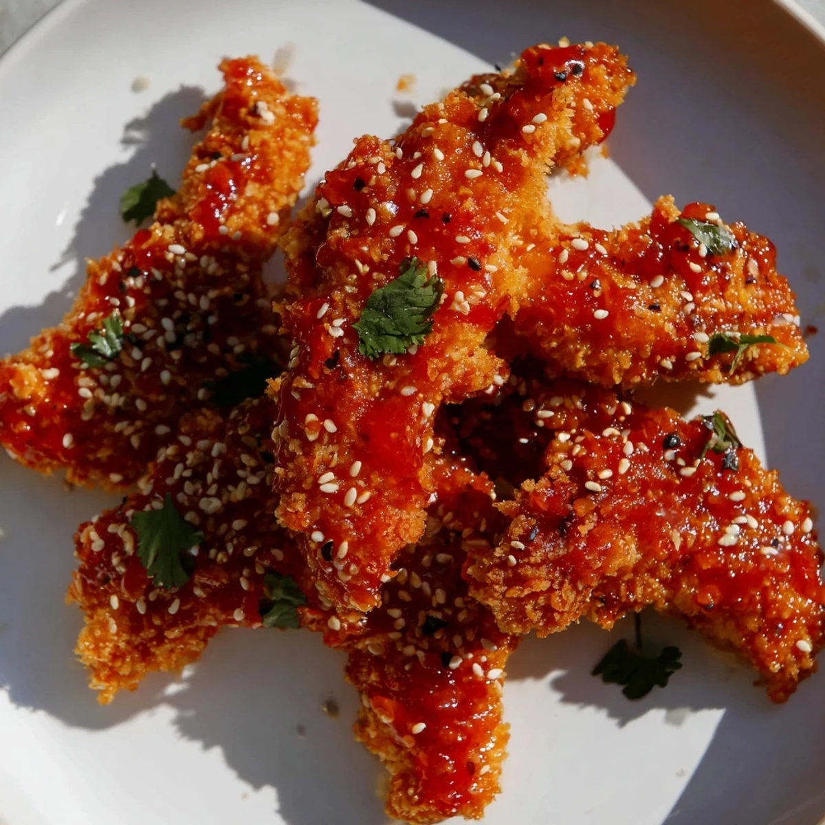 Golden brown chicken strips drizzled with homemade sticky Thai sauce featuring honey sriracha and fresh lime juice