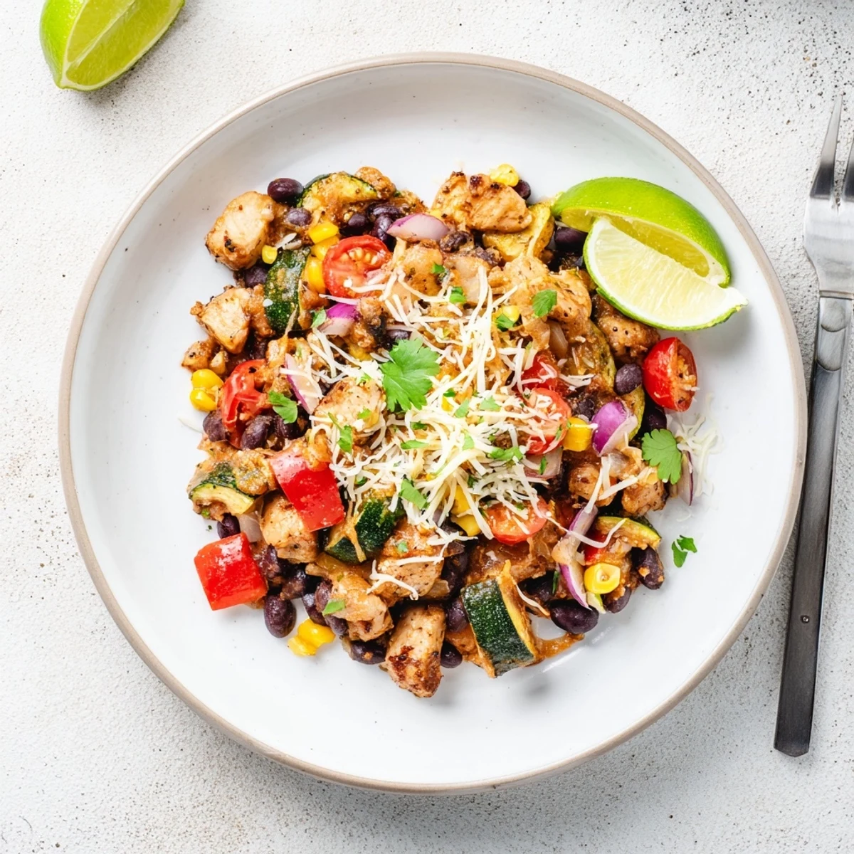 Golden Tex Mex chicken and zucchini skillet with melted cheese and fresh cilantro garnish