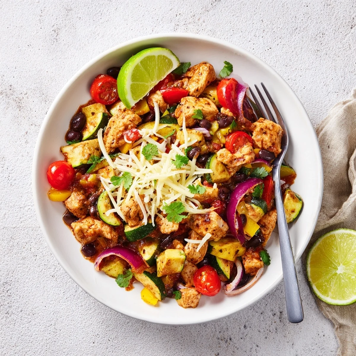 Colorful one-pan Tex Mex chicken and zucchini dish featuring black beans and peppers