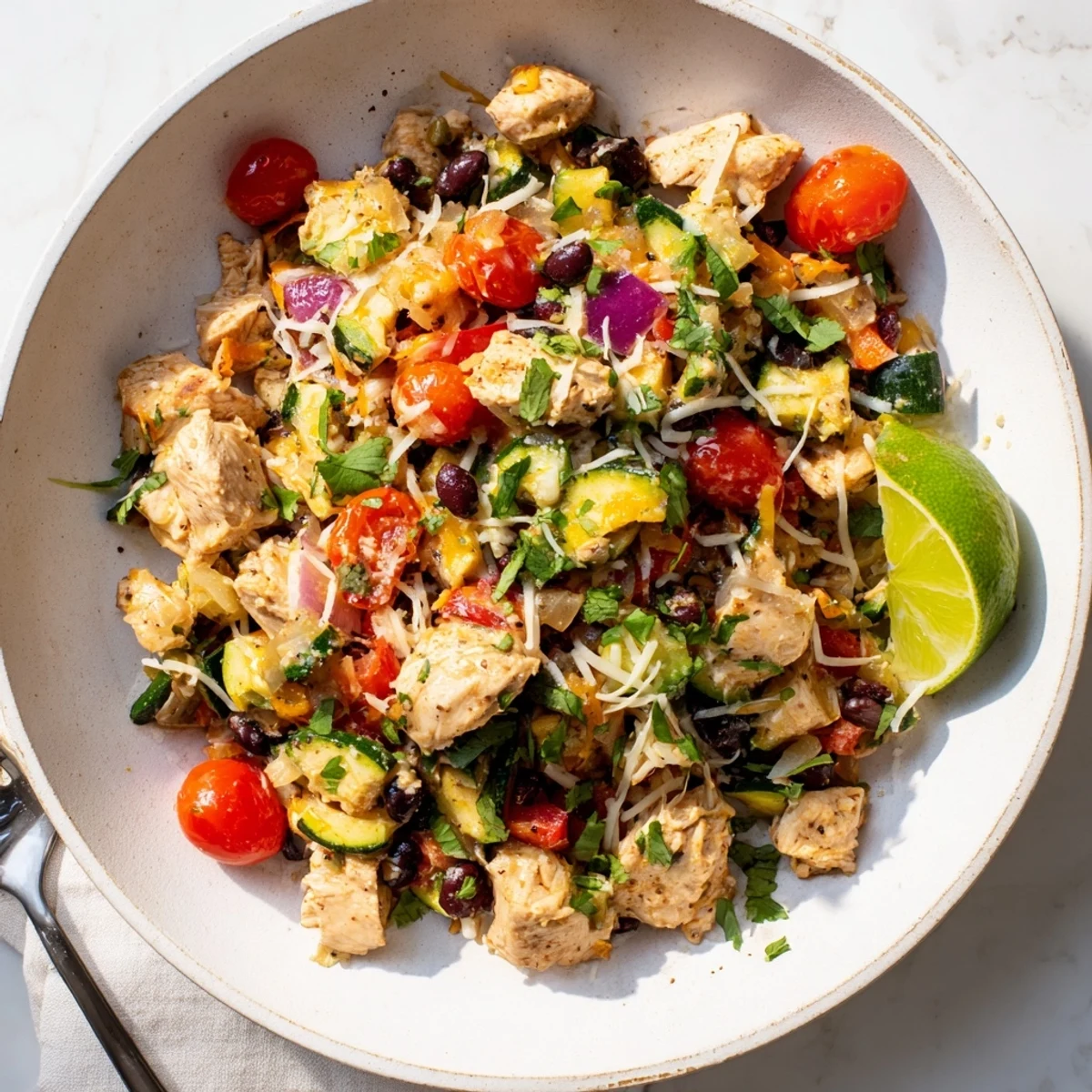 Savory Tex Mex chicken and zucchini served hot with bubbling cheese and lime