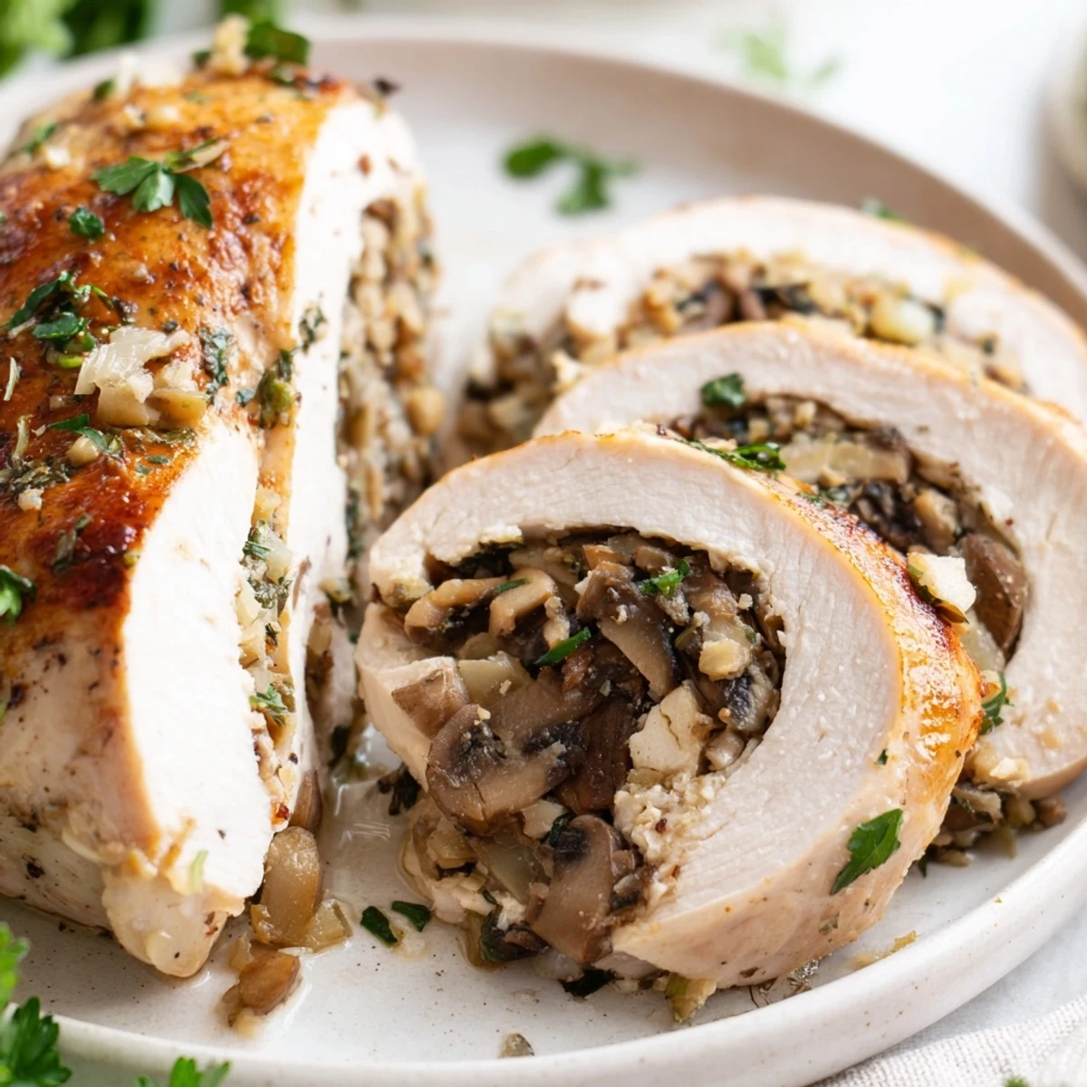 Golden mushroom stuffed chicken breast sliced to reveal savory herb and cheese filling