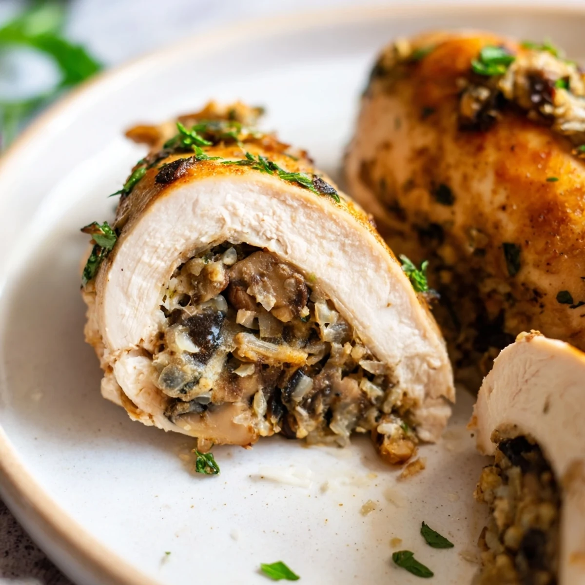 Pan-seared mushroom stuffed chicken breast plated with fresh parsley garnish and broth sauce