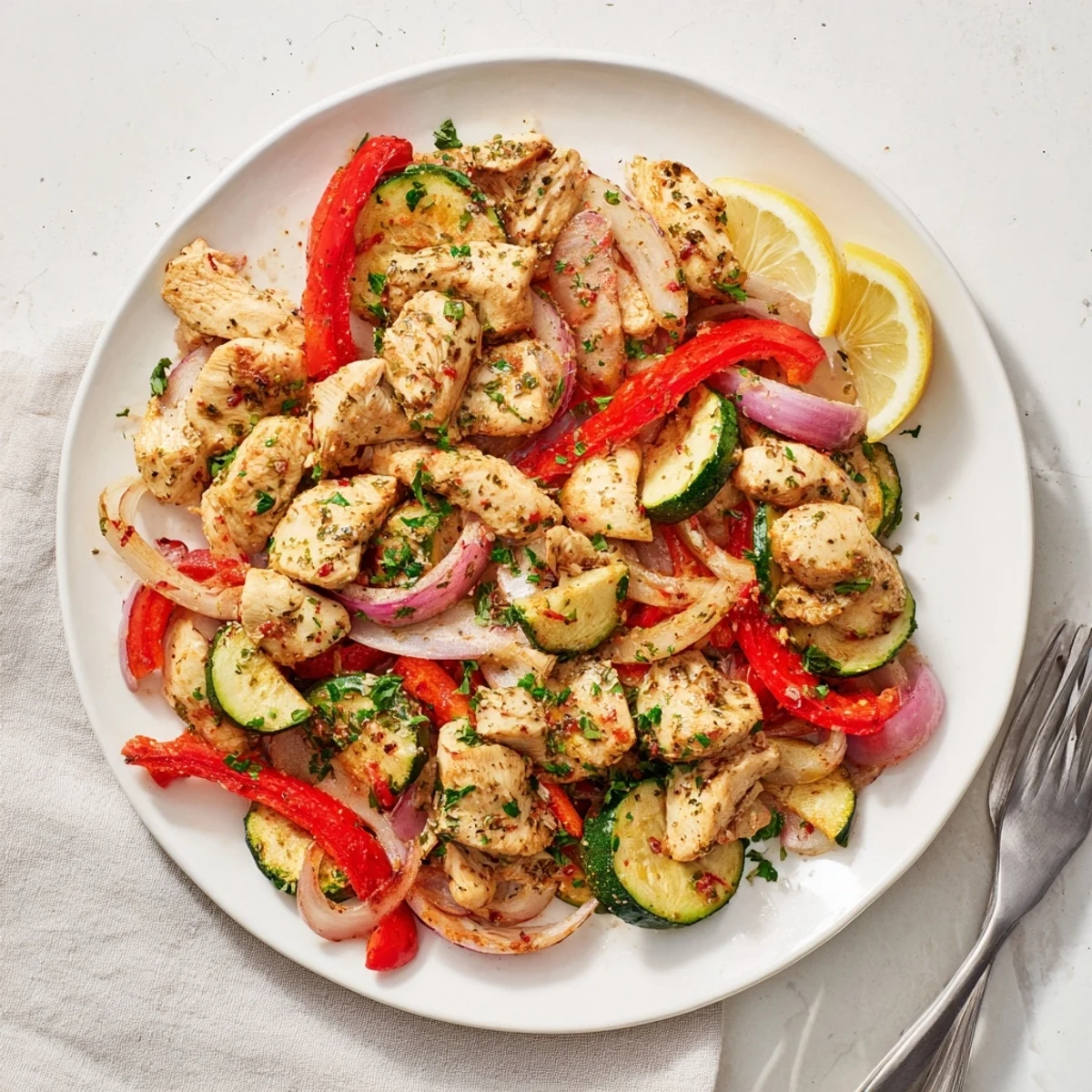 Golden chicken strips stir fried with colorful bell peppers, zucchini, and red onion in Mediterranean chicken stir fry