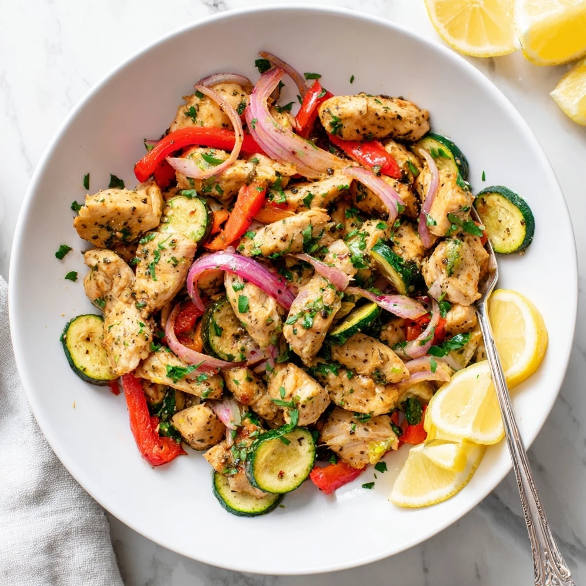 Vibrant Mediterranean chicken stir fry featuring tender juicy chicken breast with fresh crisp vegetables in a skillet