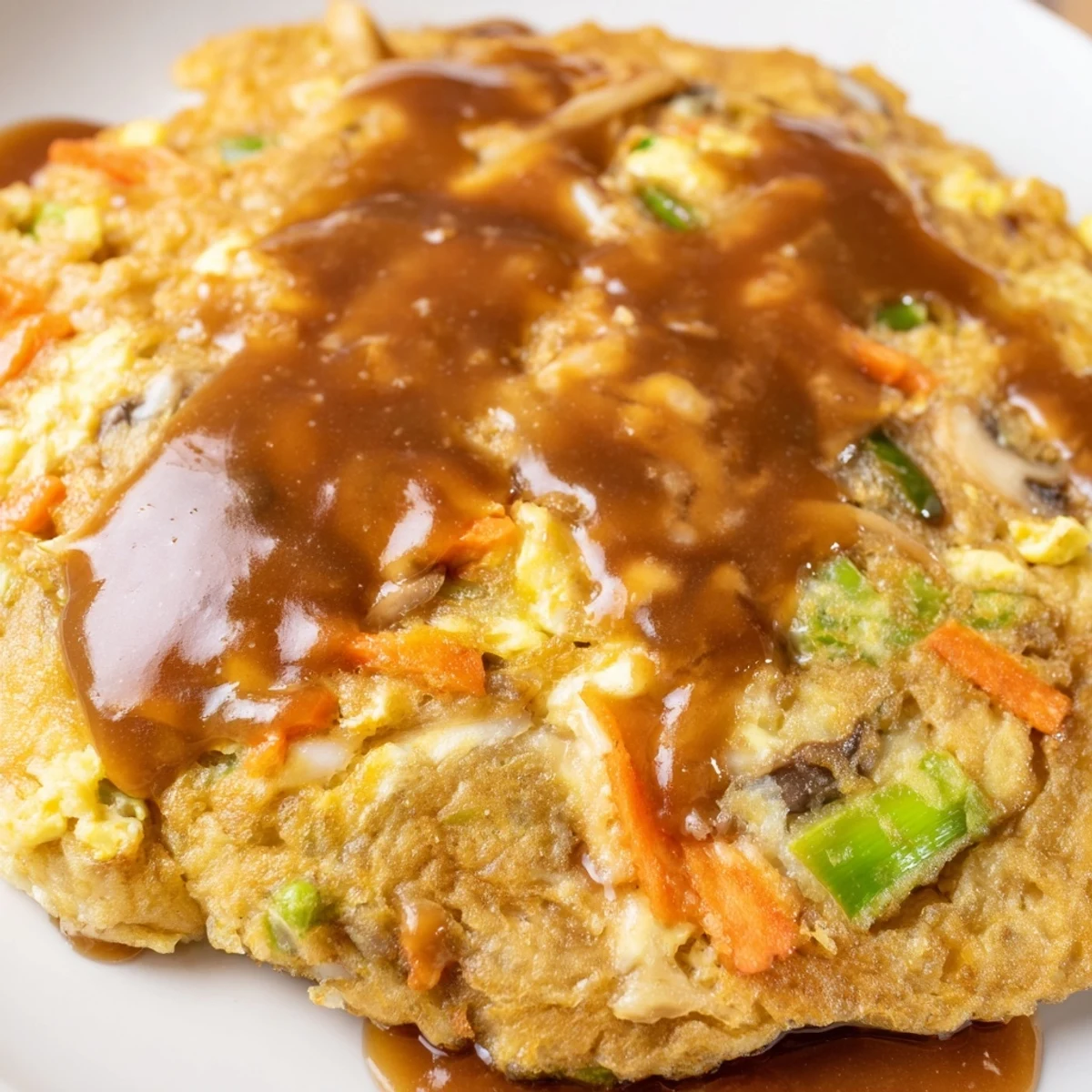 Golden crispy Egg Foo Young patties topped with rich savory brown gravy on white plate