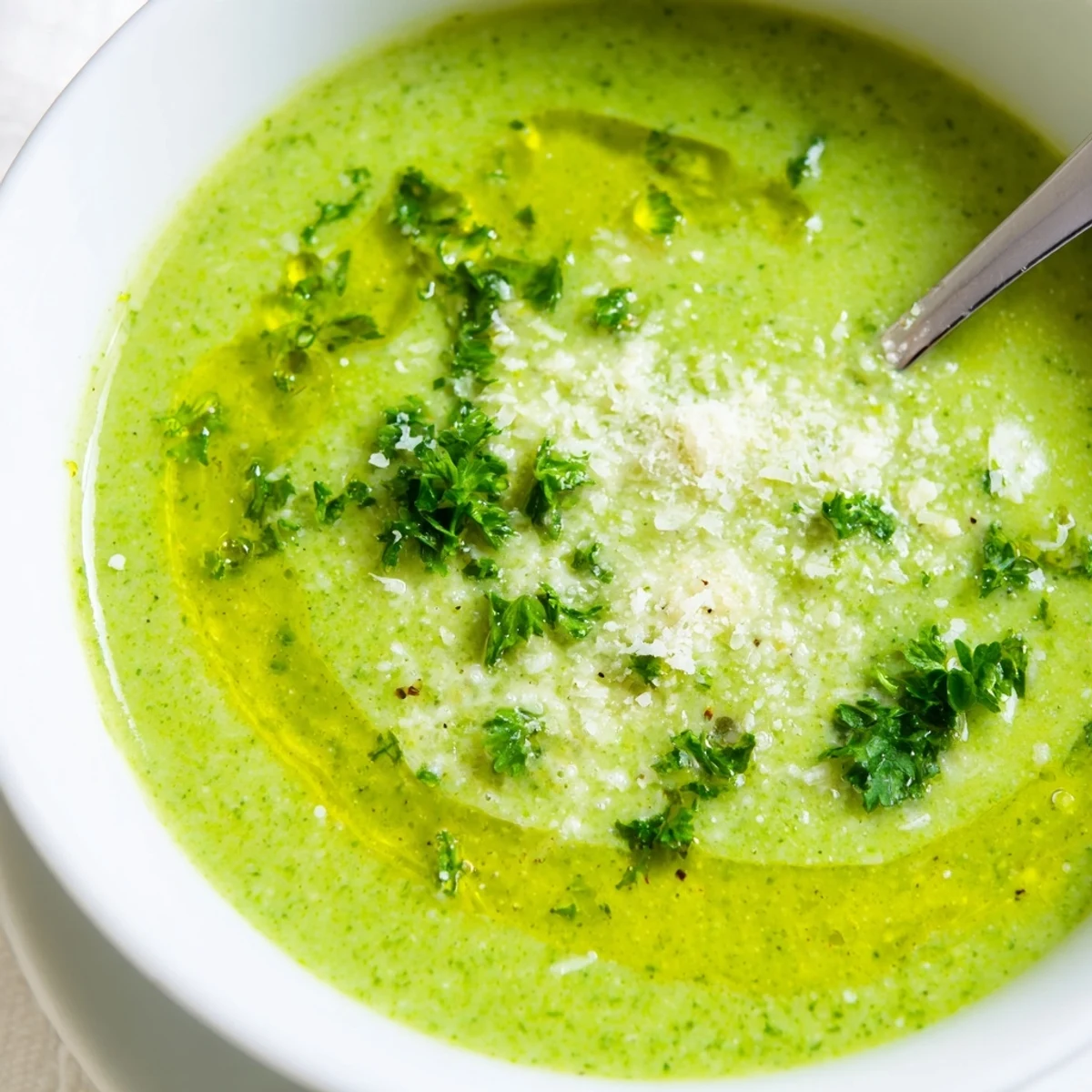 Creamy homemade Italian broccoli soup garnished with grated Parmesan and fresh green herbs in a white bowl