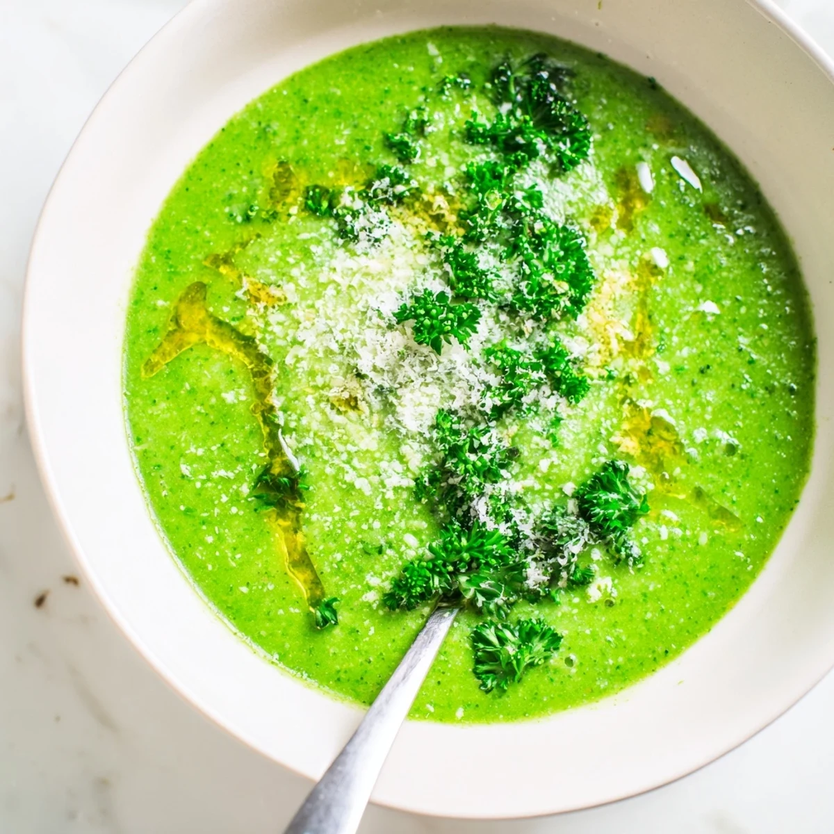 Velvety smooth Italian broccoli soup with drizzled olive oil and crispy crusty bread on a rustic wooden table