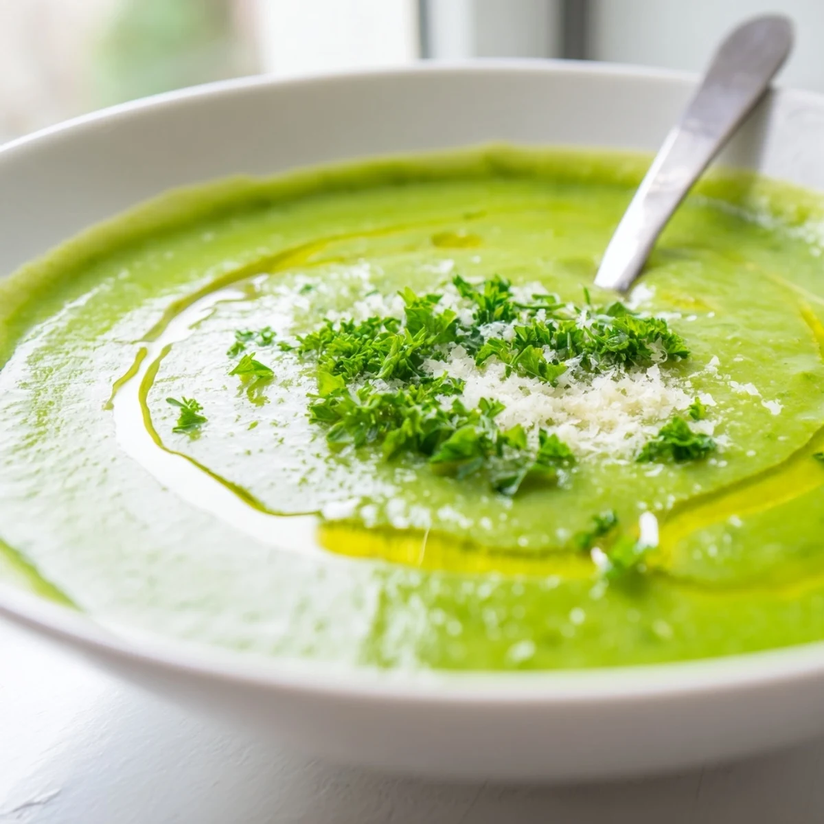 Steaming bowl of homemade Italian broccoli soup featuring vibrant green puree topped with Parmesan shavings and parsley