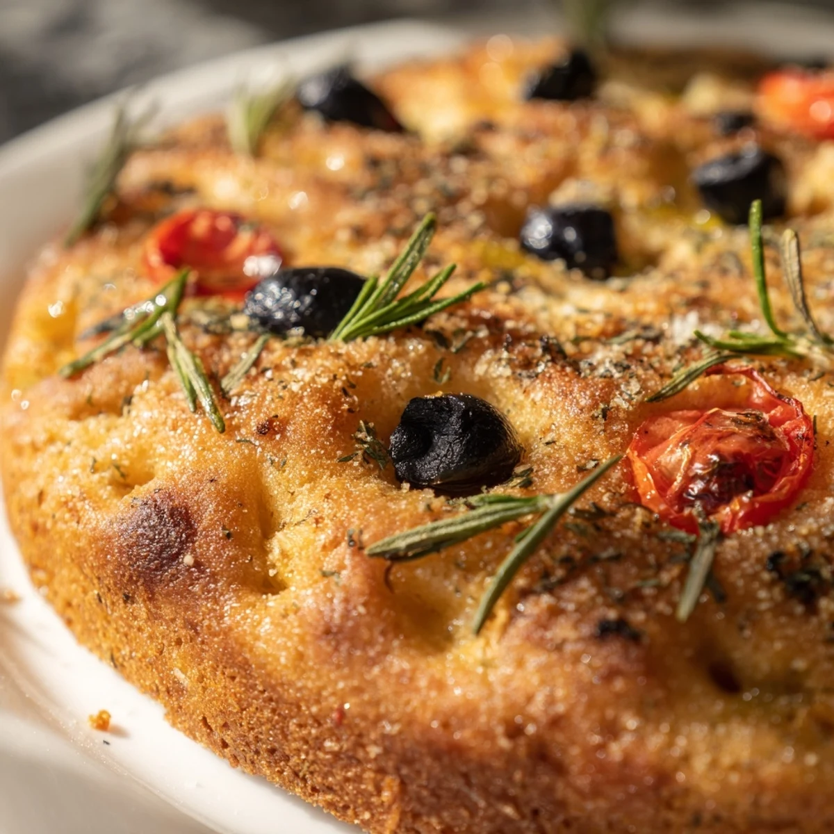 Golden mini focaccia bread topped with fresh rosemary and sea salt on a rustic wooden board