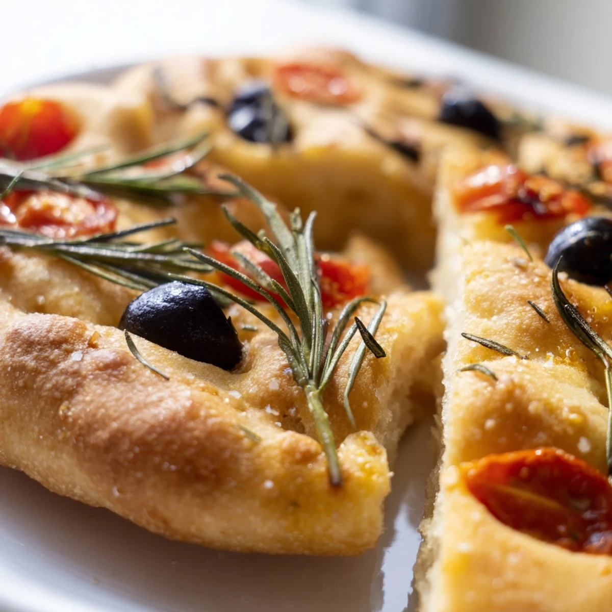 Fluffy individual focaccia rolls with dimpled crust and aromatic herbs ready for serving