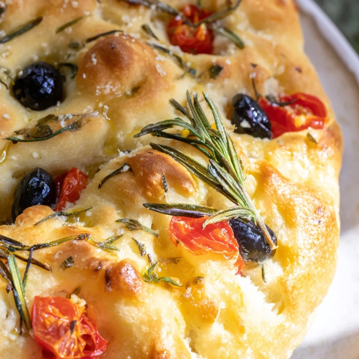 Crispy Italian appetizer bread with cherry tomatoes and olives baked to golden brown perfection