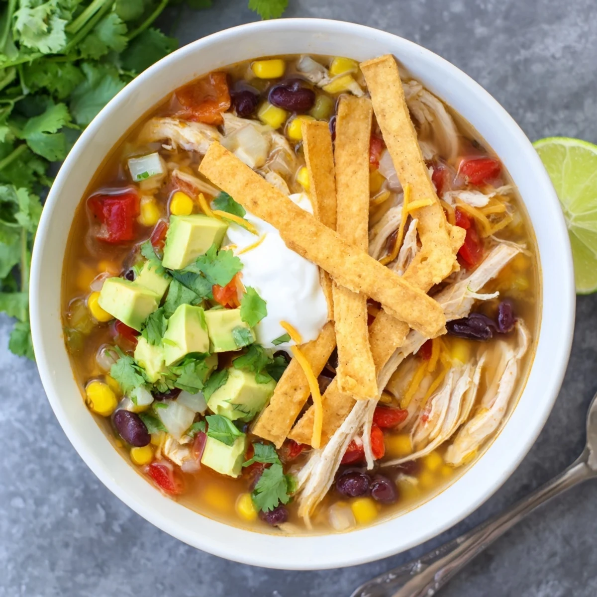 Hearty bowl of classic chicken tortilla soup topped with crispy golden tortilla strips and fresh avocado chunks.