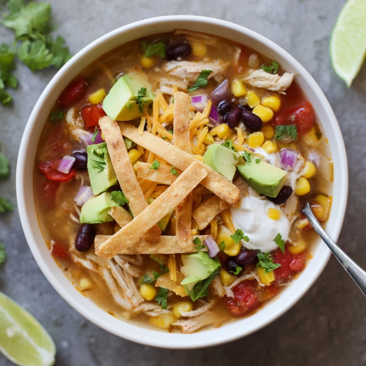 Rustic Mexican-style classic chicken tortilla soup brimming with tender shredded chicken, black beans, and vibrant red bell peppers.