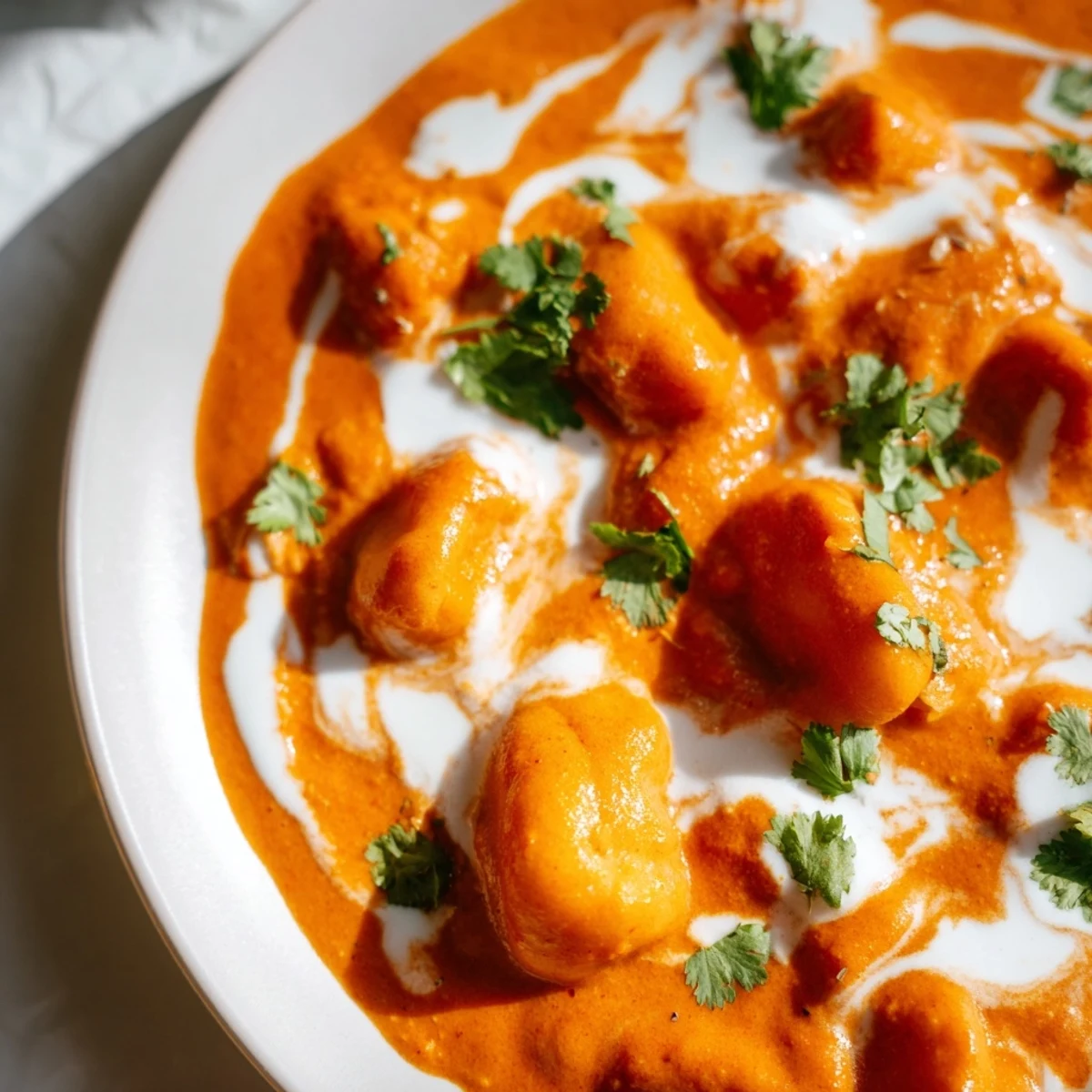 Creamy Tikka Masala Gnocchi featuring tender potato dumplings coated in spiced orange-red sauce with fresh cilantro garnish
