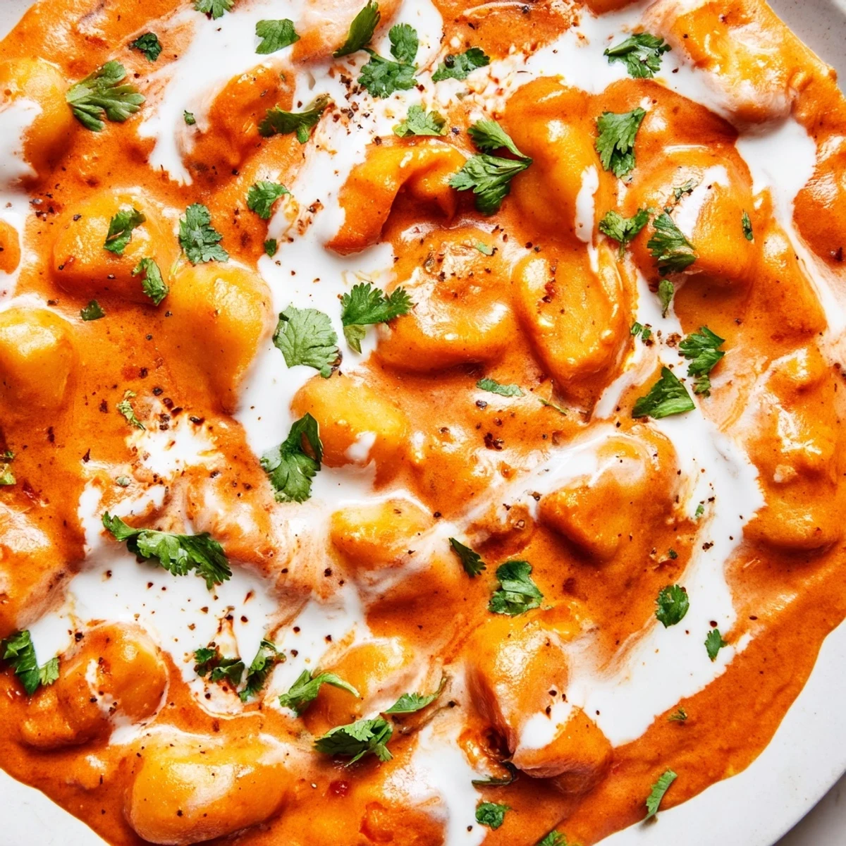 Golden potato gnocchi swimming in rich aromatic tikka masala curry sauce finished with dollops of cream