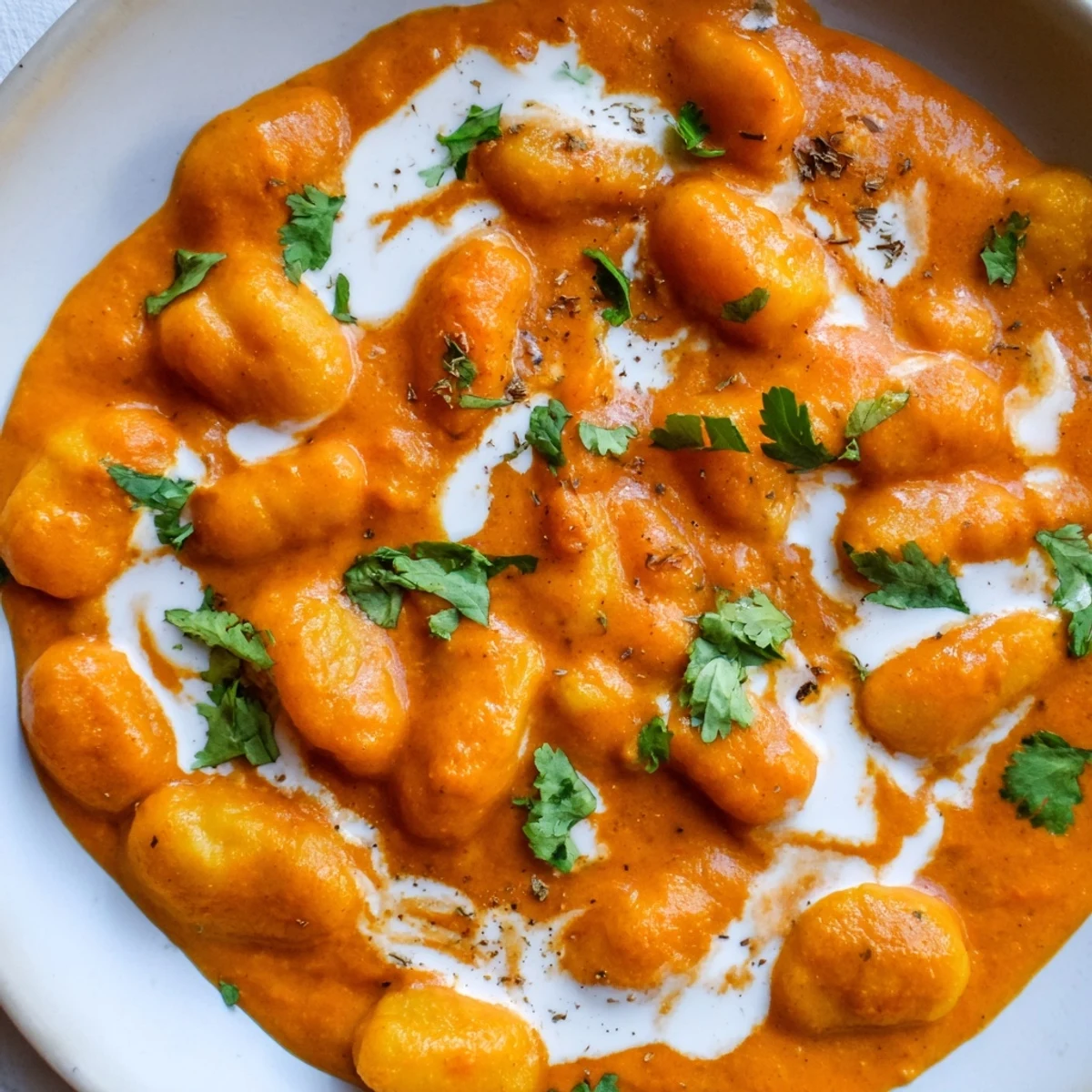 Fusion Tikka Masala Gnocchi dish showing pillowy pasta pieces nestled in thick tomato-based Indian spiced sauce