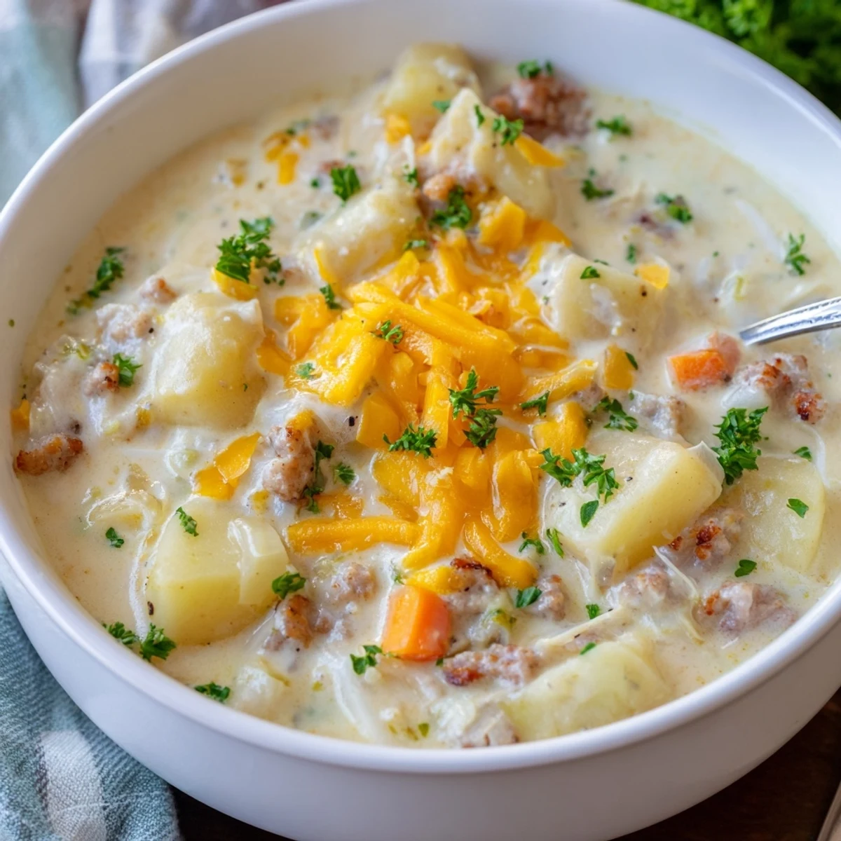 Creamy pork sausage potato soup garnished with fresh parsley and grated cheddar cheese